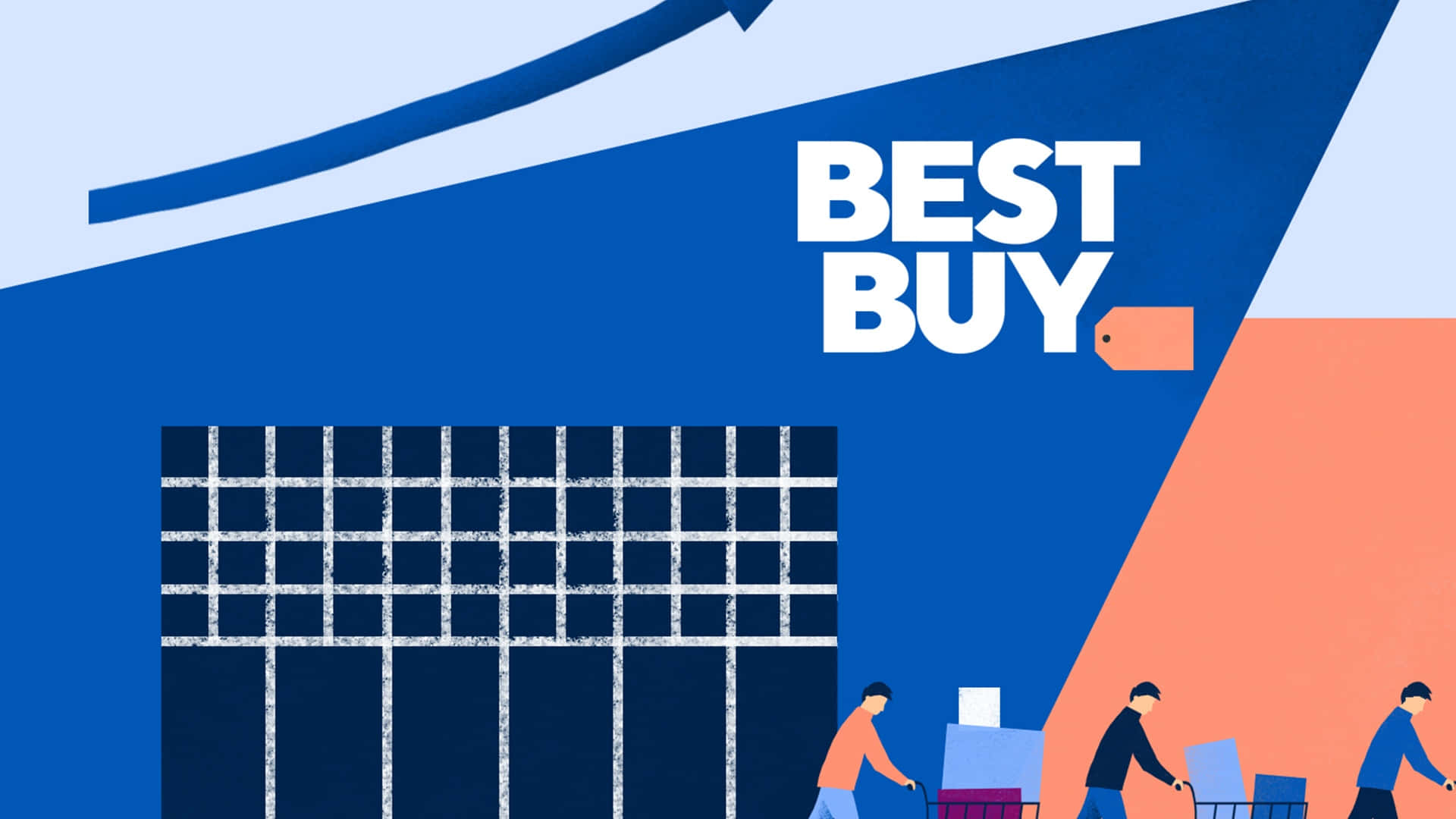購物者在 Best Buy 店外推著購物車，搭配大膽的藍色和橙色幾何設計。