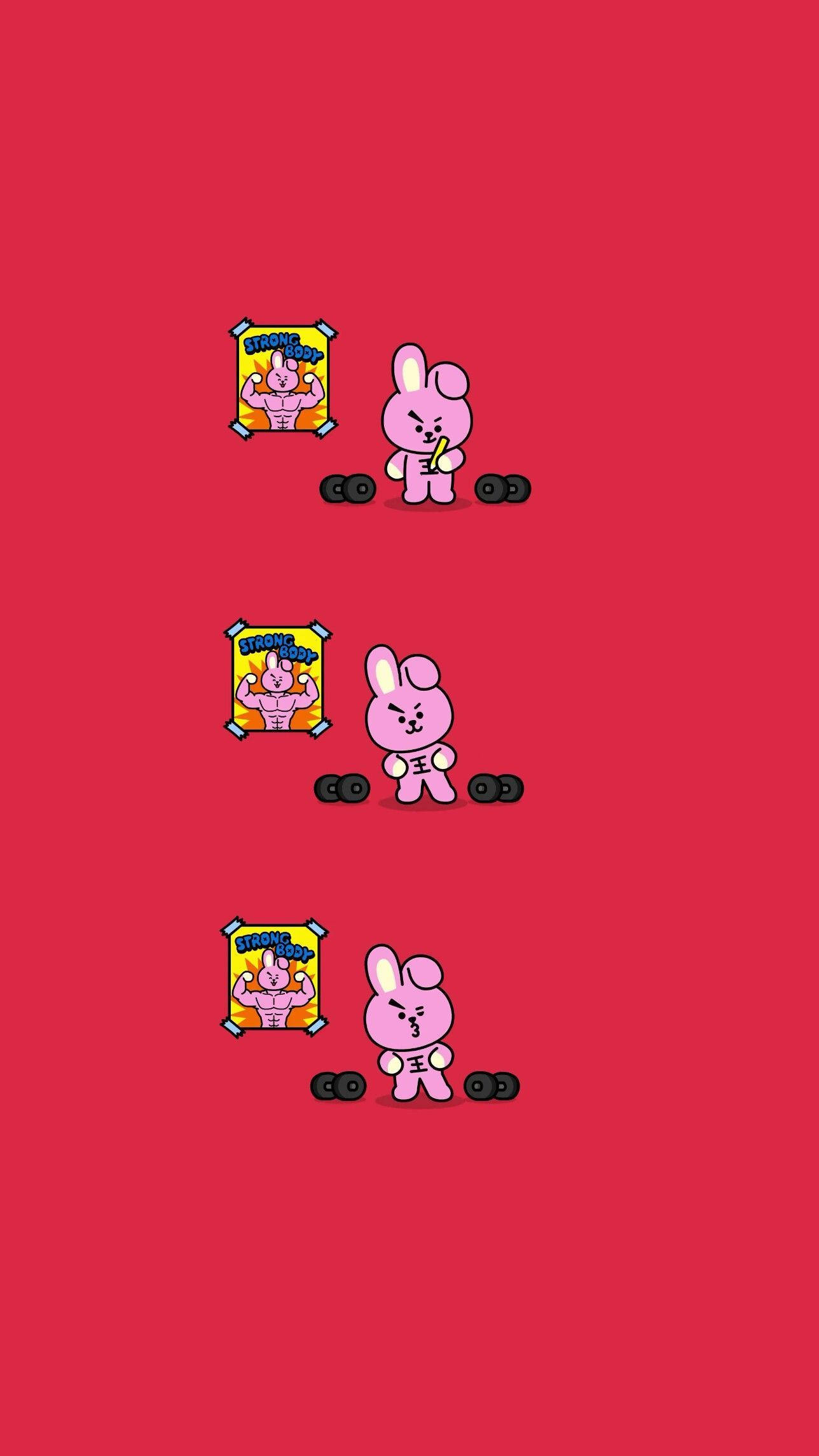 探索Cooky BT21充滿趣味與活力的世界 壁紙 — 三隻粉紅色卡通兔仔喺純紅色背景前舉重，後面有一張展示肌肉嘅海報。