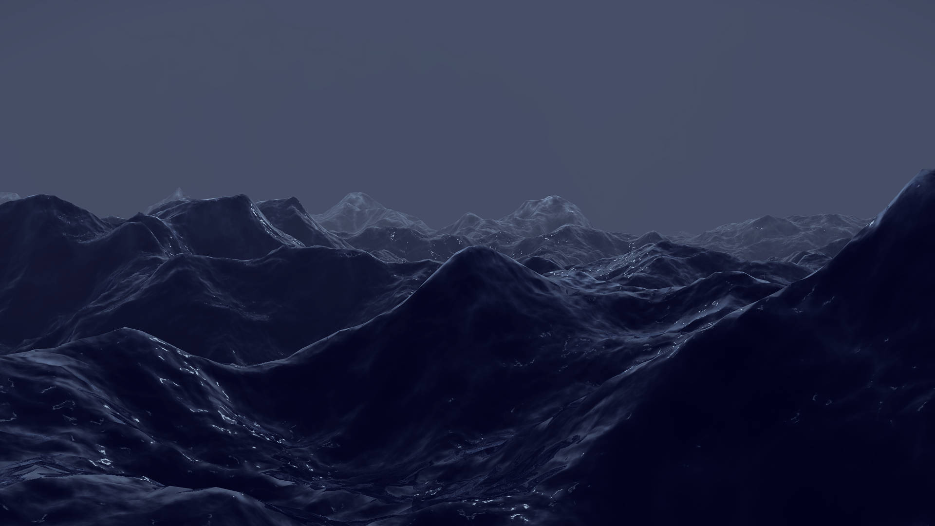 暮色天空下，黑暗山脈與雪峰。