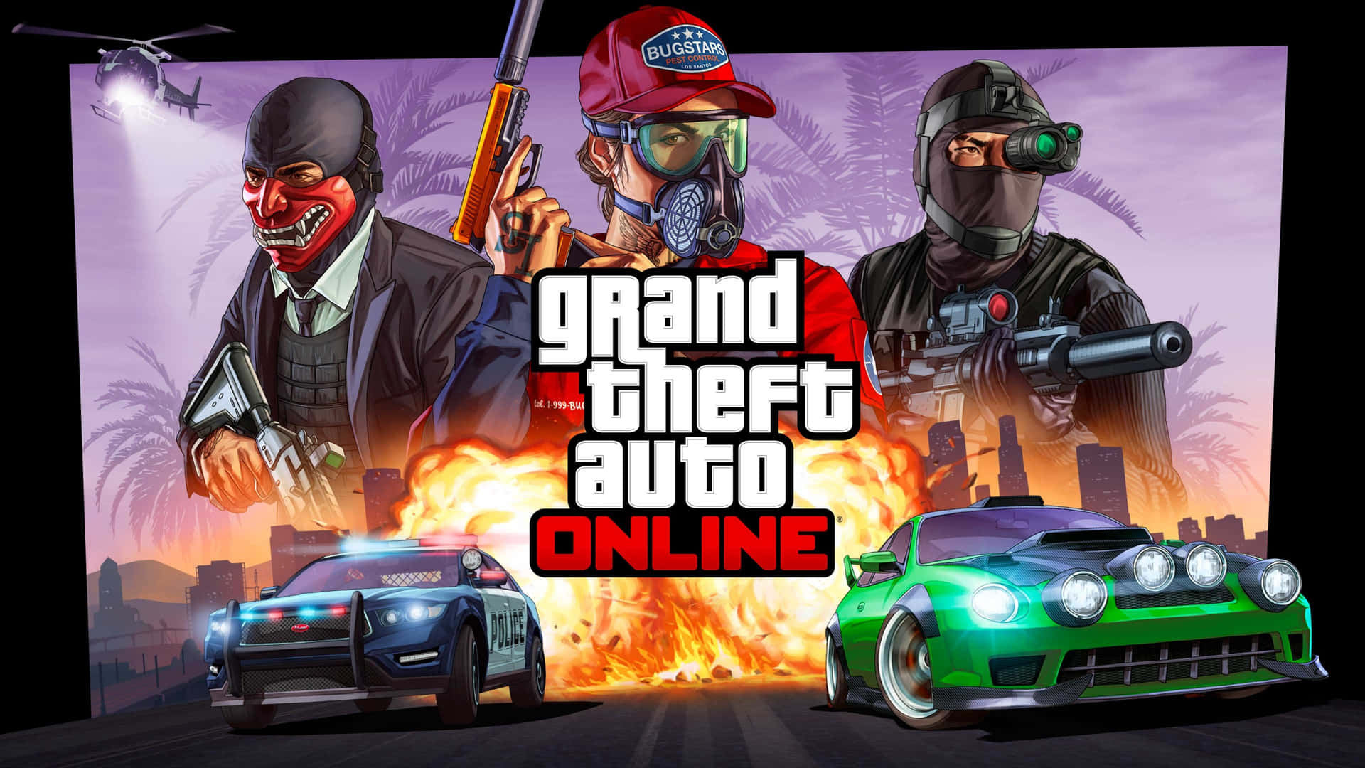 GTA Online 角色和汽車在爆炸性的城市動作場景中。