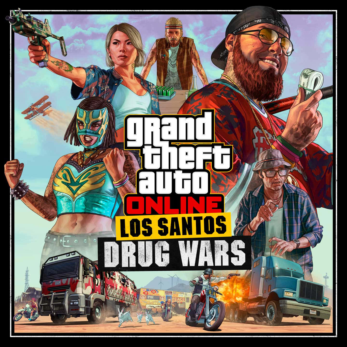 GTA Online Los Santos Drug Wars封面，沙漠中有角色和燃燒的卡車。