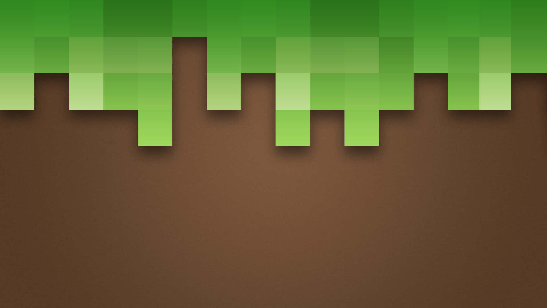 探索Minecraft中的岩石山脈與翠綠草地 壁紙 — 像素化的綠色草塊懸掛在光滑的棕色地球背景上，呈現塊狀數位藝術風格。