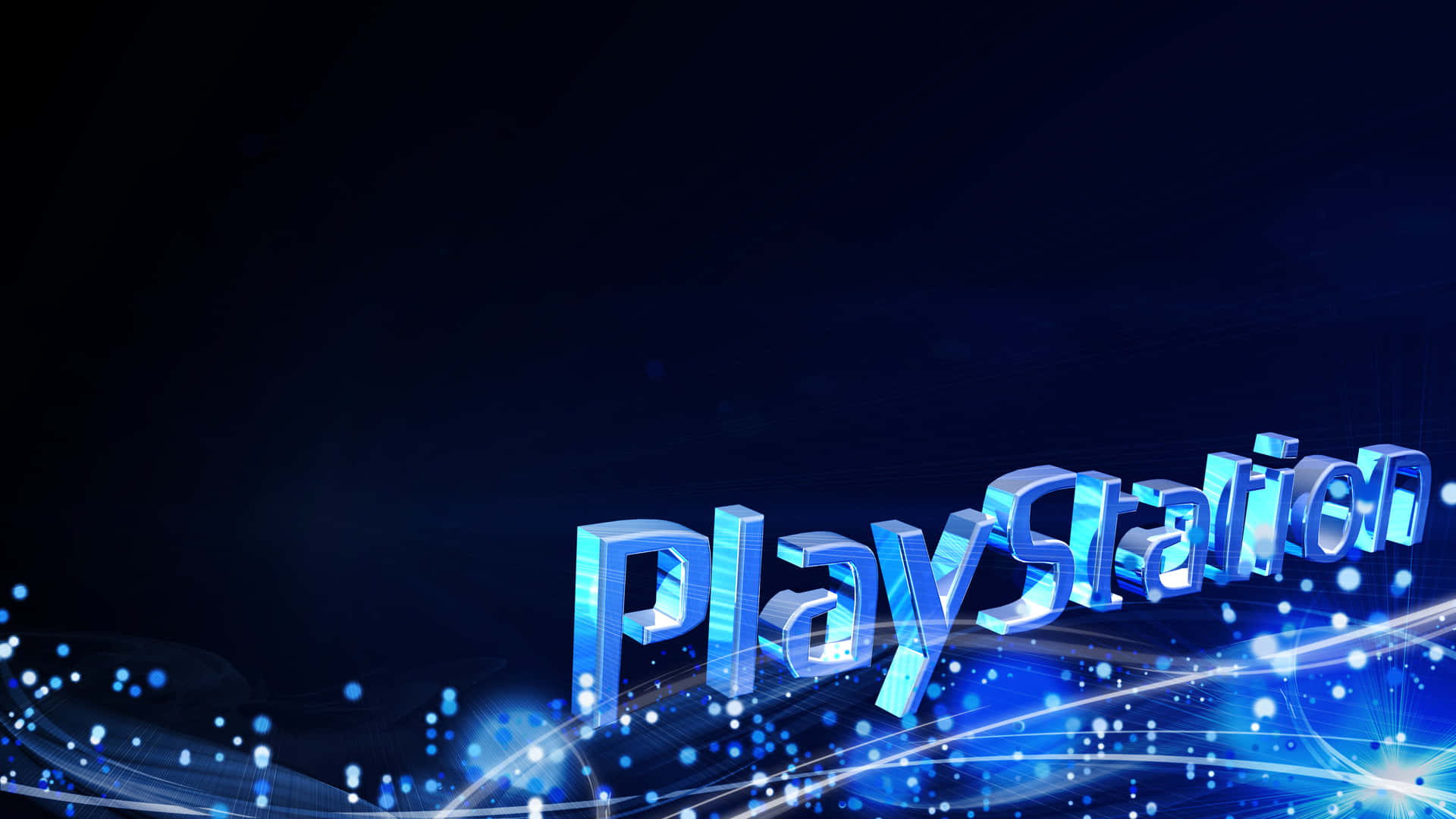 閃亮的藍色PlayStation標誌，在黑暗背景上帶有發光的光跡和粒子