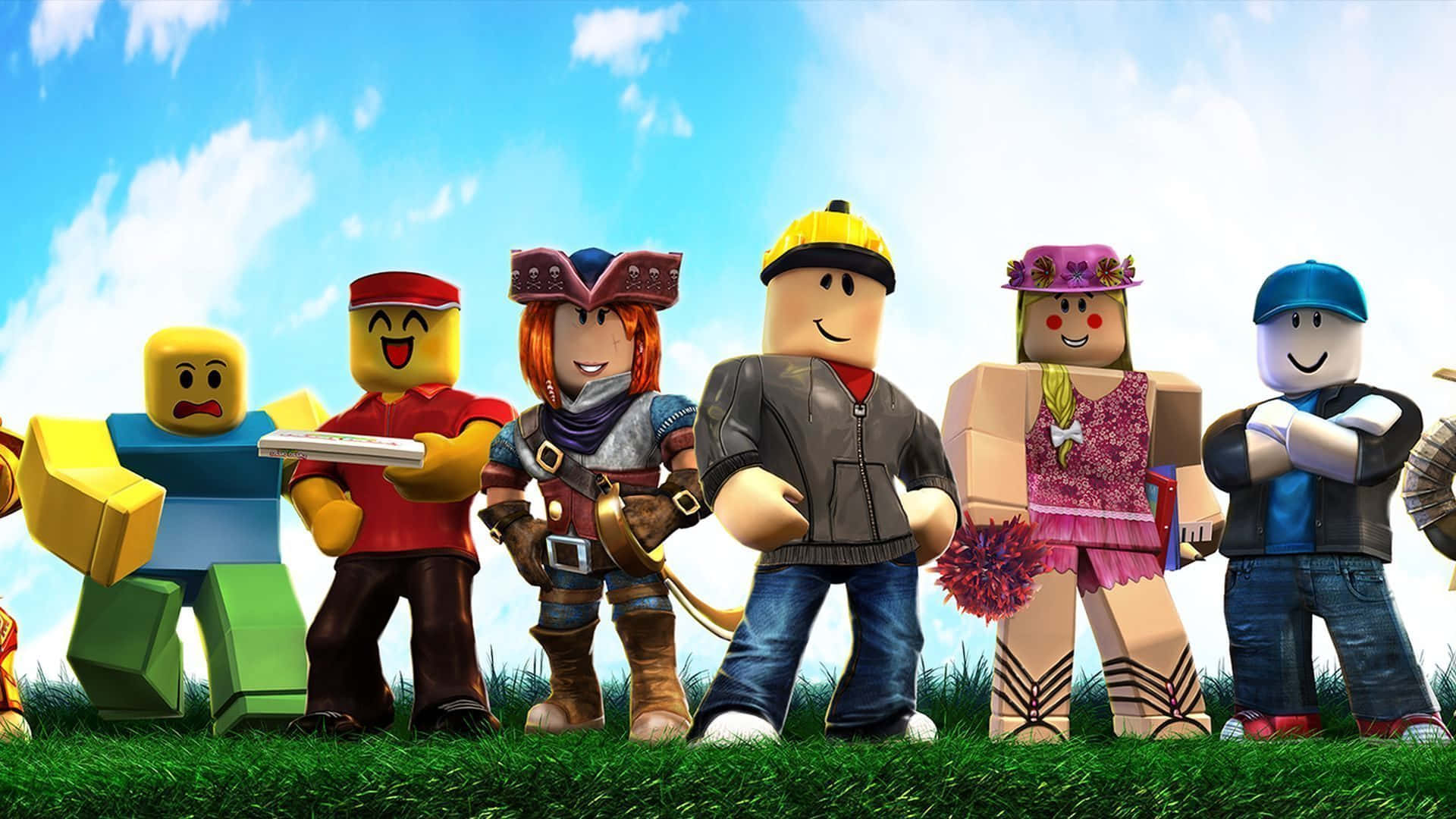 六個方塊狀的 Roblox 角色站在草地上，背景是藍天白雲。