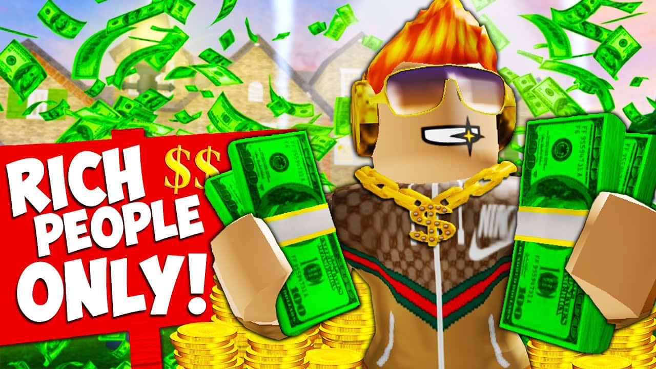 Roblox角色手持金錢，紙幣在「Rich People Only!」標誌周圍落下。