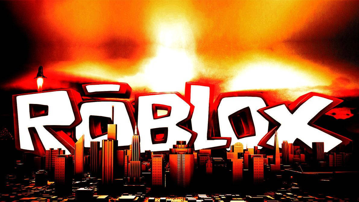 Roblox 標誌在日落時分在火熱的城市景觀上發光。