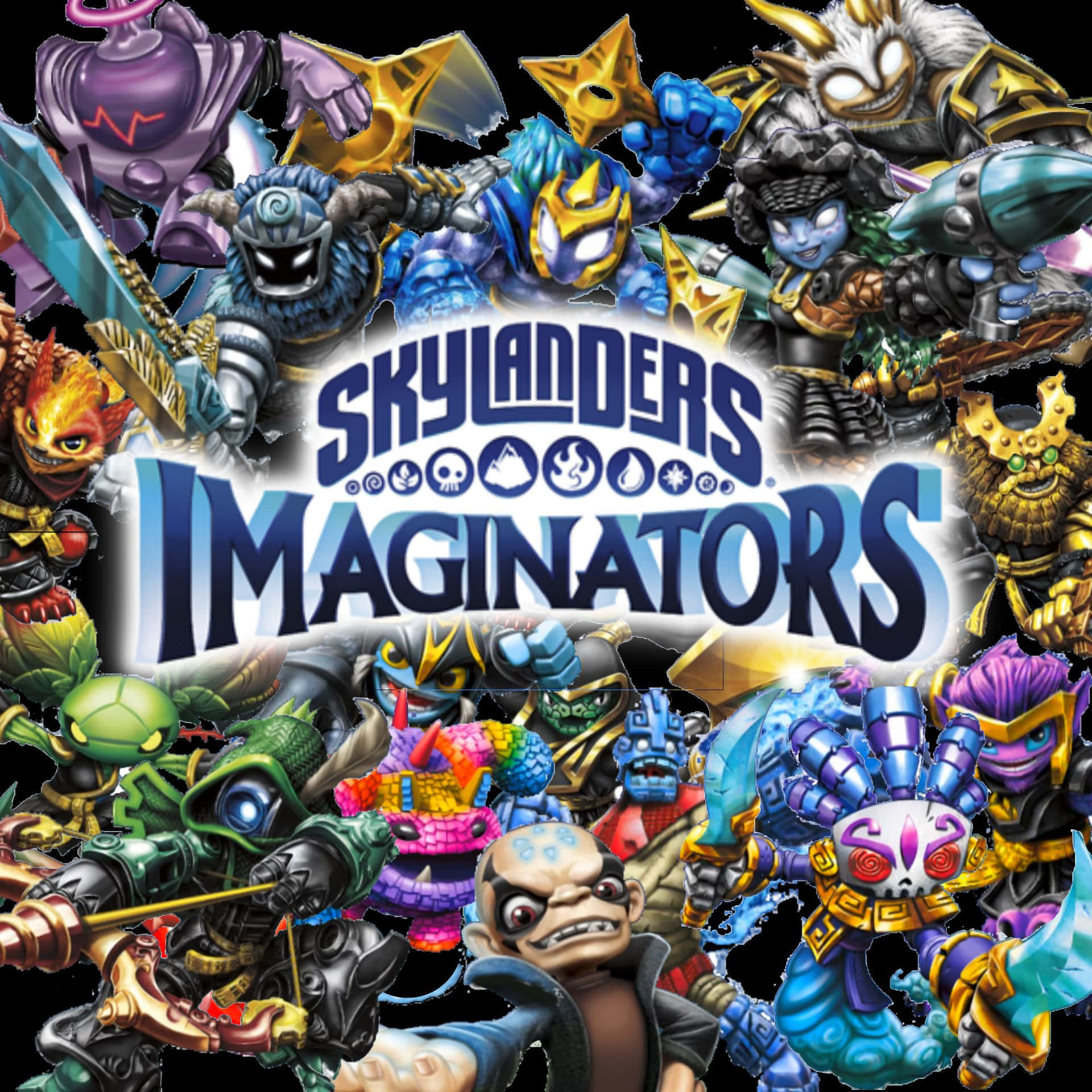 Skylanders Imaginators遊戲標誌被各種奇幻角色包圍。