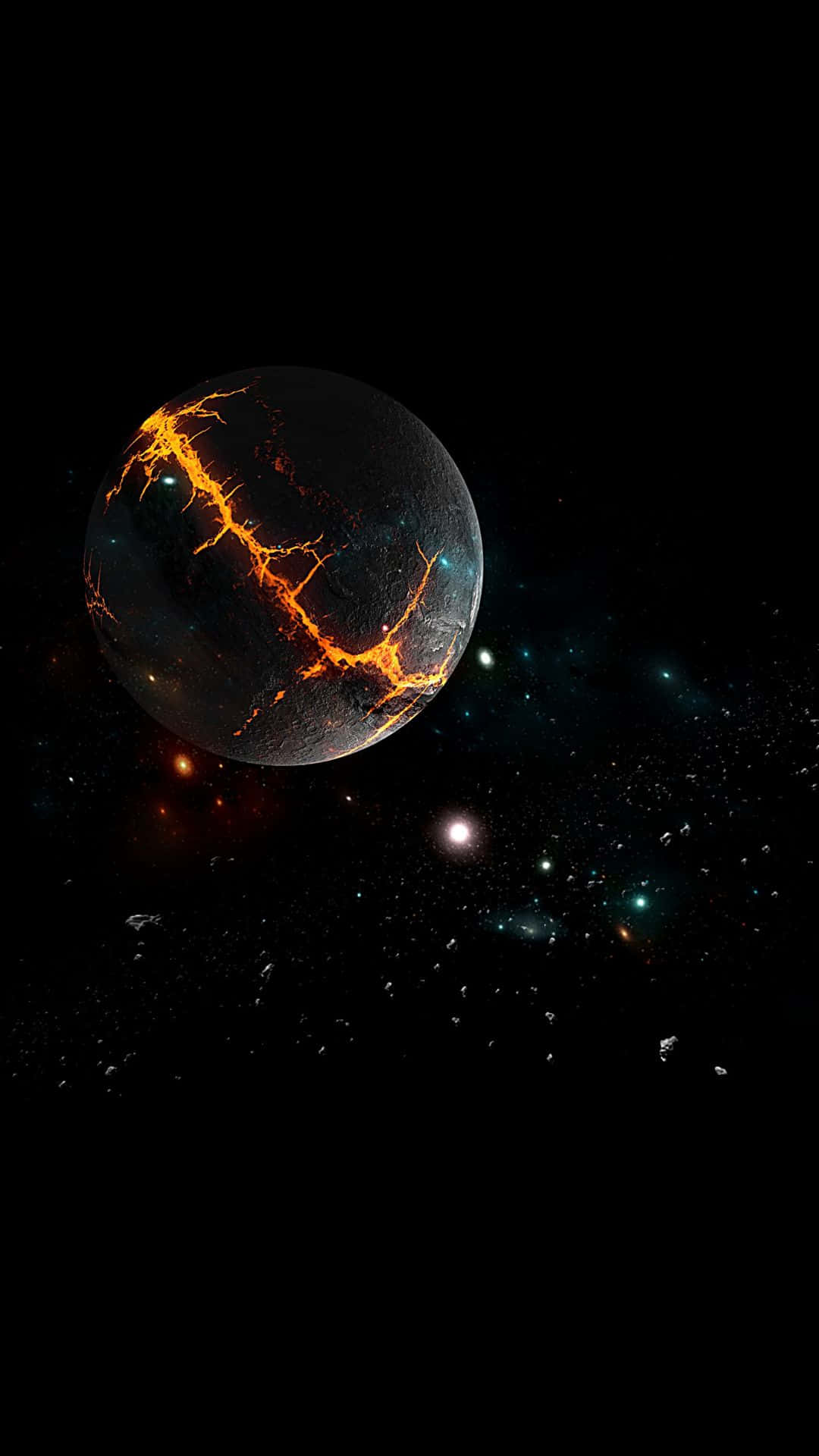 一顆在深空星群中帶有發光裂縫的火山行星。
