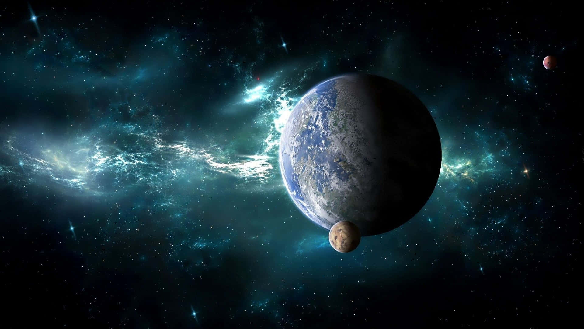 地球和月球在發光的藍綠色星雲中運行，遠處有星星。