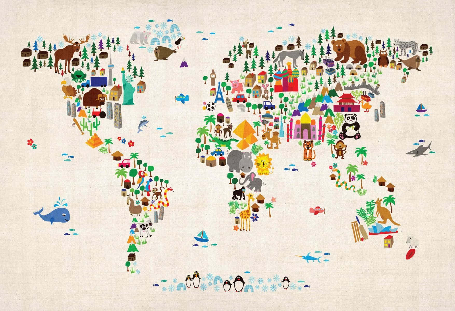 為兒童設計的插圖世界地圖，包含動物和地標。