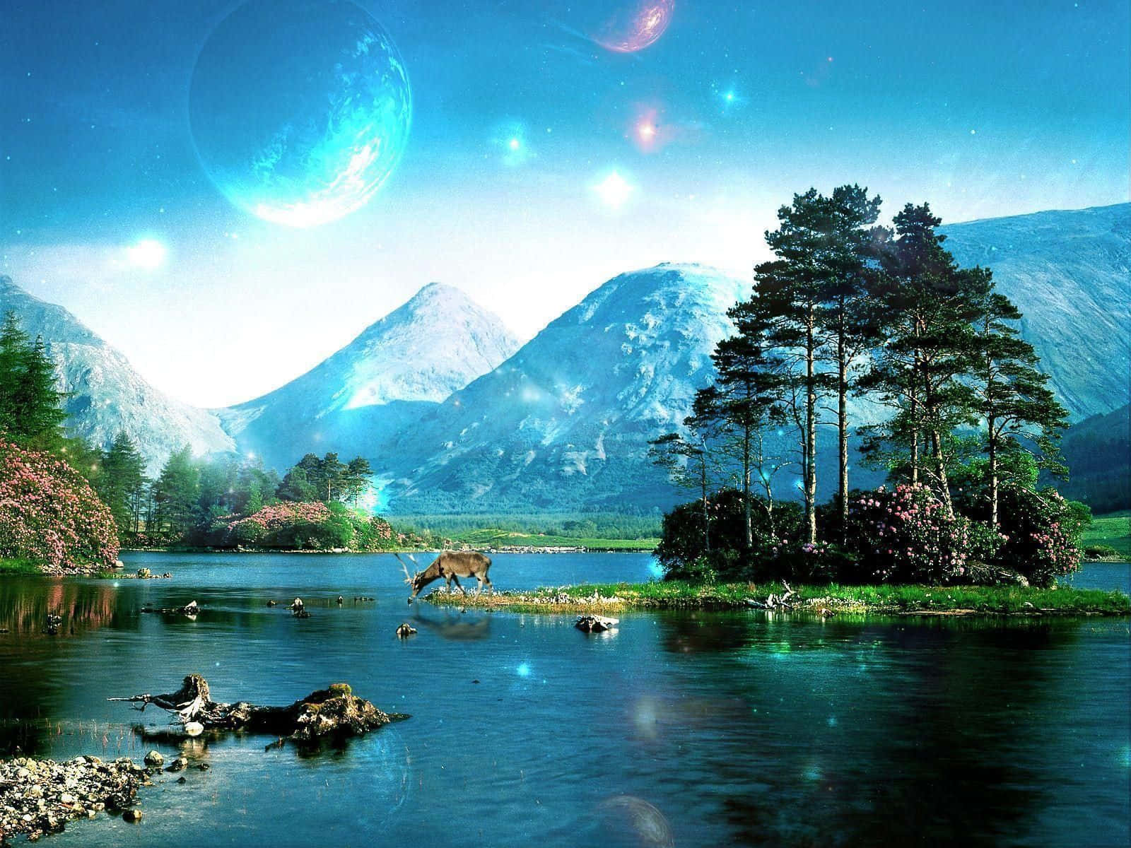 探索世界最令人屏息的美景！ 壁紙 — 一隻鹿在超現實的天空下，背景有發光的行星和山脈，從寧靜的湖中飲水。