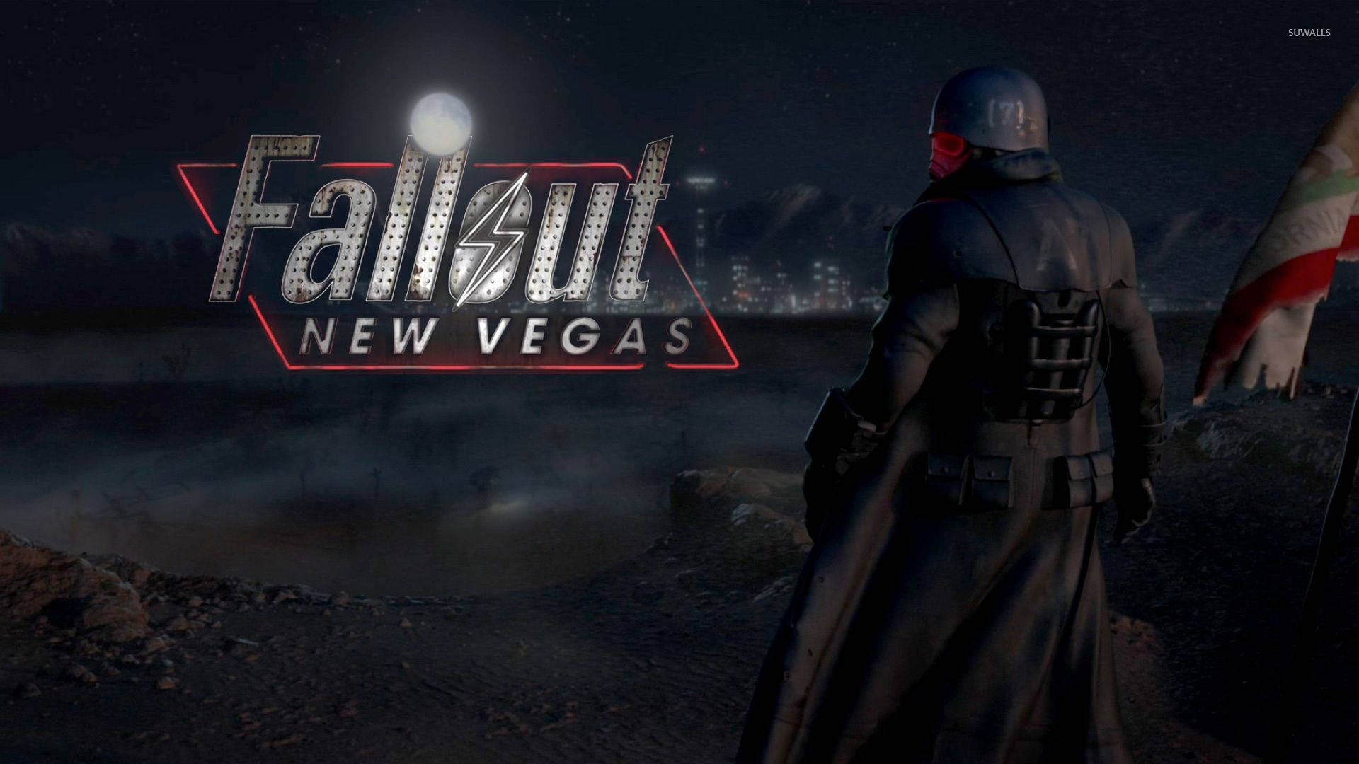 一個穿著盔甲的角色站在黑暗廢土中的 Fallout New Vegas 標誌前。