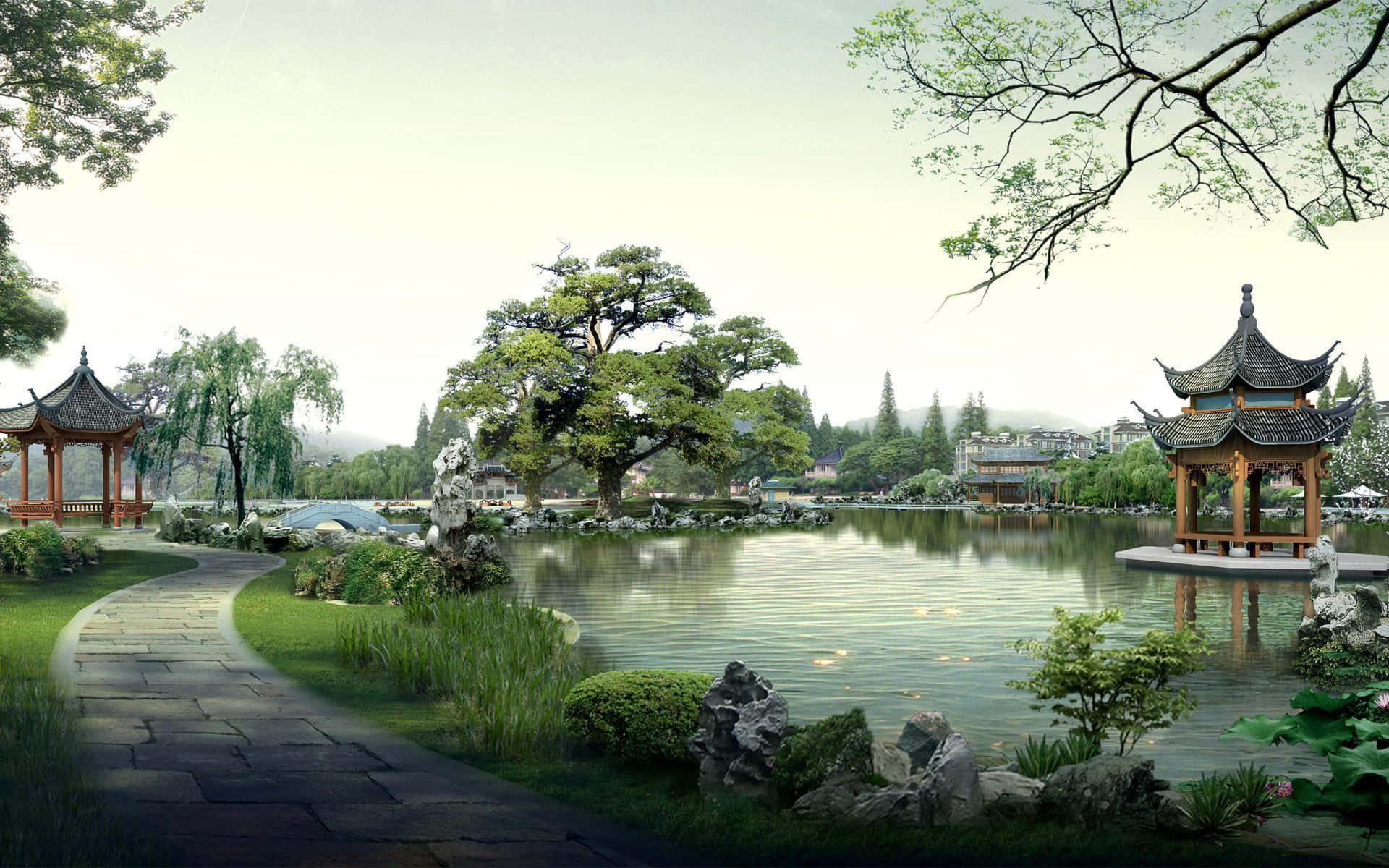 探索中國之美 壁紙 — 一個寧靜的傳統中式花園，石徑蜿蜒經過平靜的池塘，池塘邊有亭台和垂柳，在柔和的光線下。