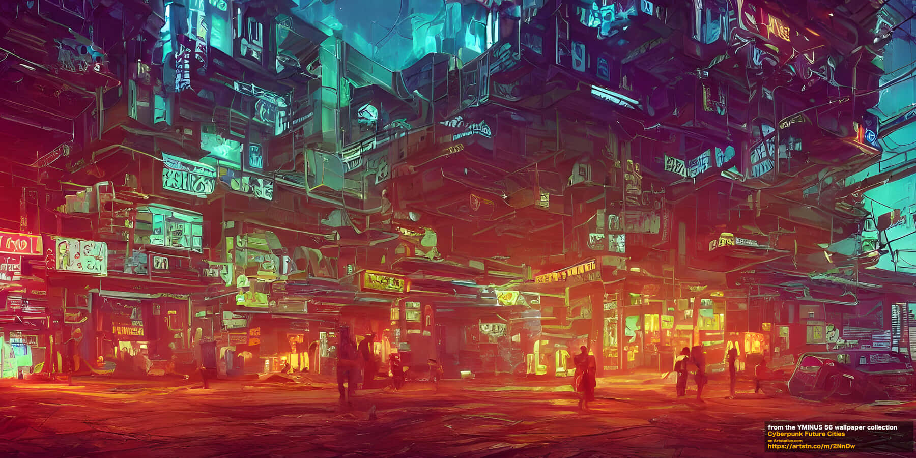 夜晚的未來城市街道，霓虹燈和高聳的建築。