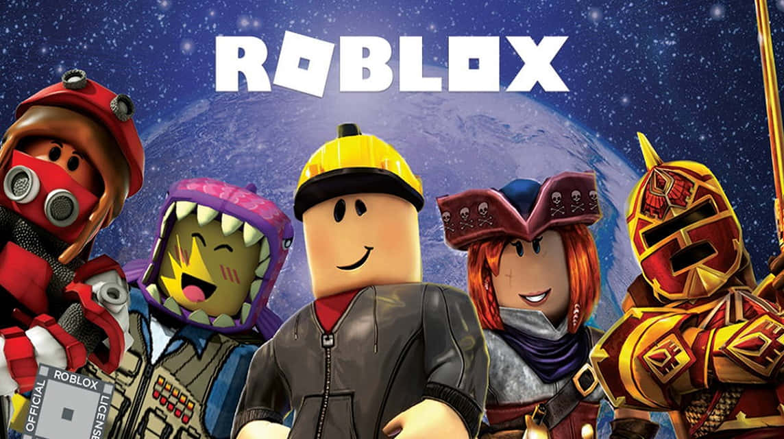 五個 Roblox 角色穿著獨特服裝，在星空太空背景前擺姿勢。