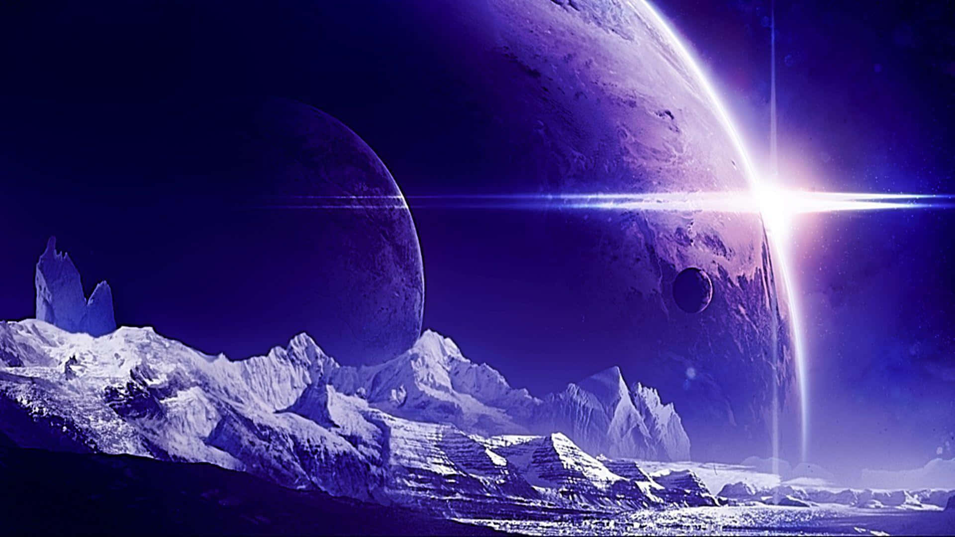 被雪覆蓋的外星山脈，下方有一顆發光的紫色行星，明亮的星爆。
