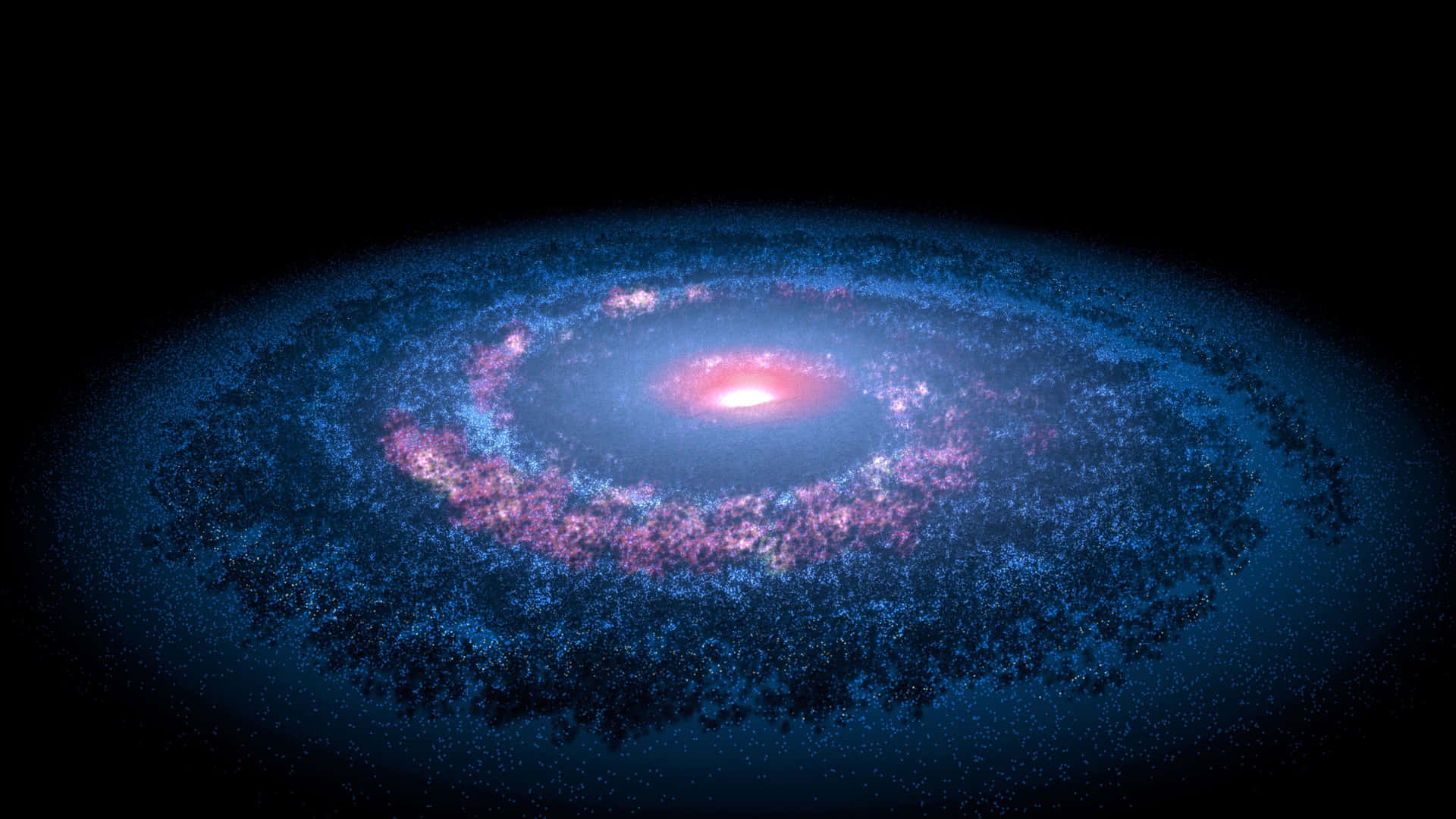 探索令人驚嘆的酷藍星系之美 壁紙 — 一個令人驚嘆的螺旋星系，在深邃的黑色宇宙虛空中散發出藍色和粉紅色的光芒。