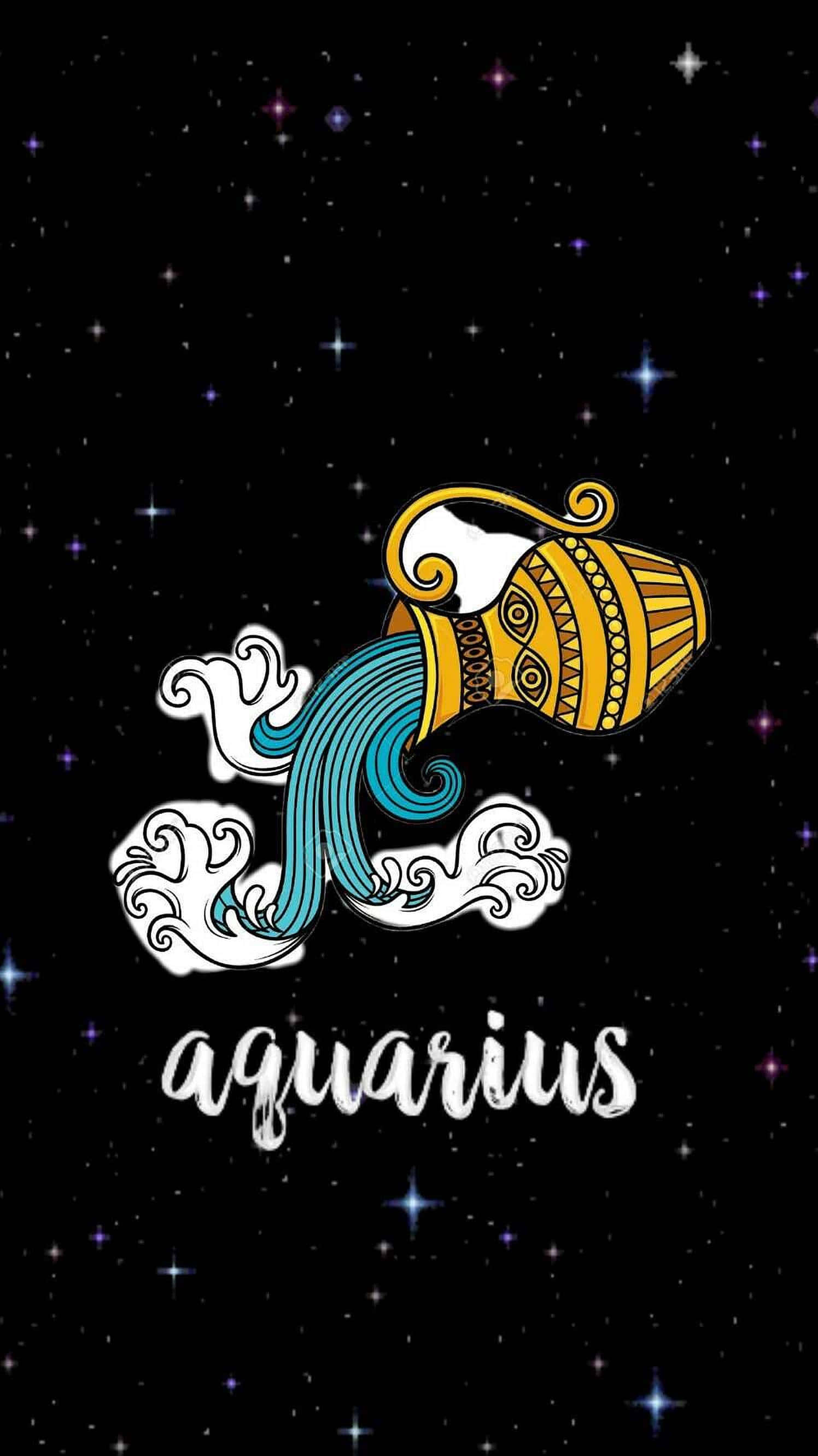 探索你星座背後的意義 壁紙 — 一個風格化的金色水瓶座在繁星點點的夜空下傾倒出充滿活力的藍色波浪，下方有aquarius字樣。