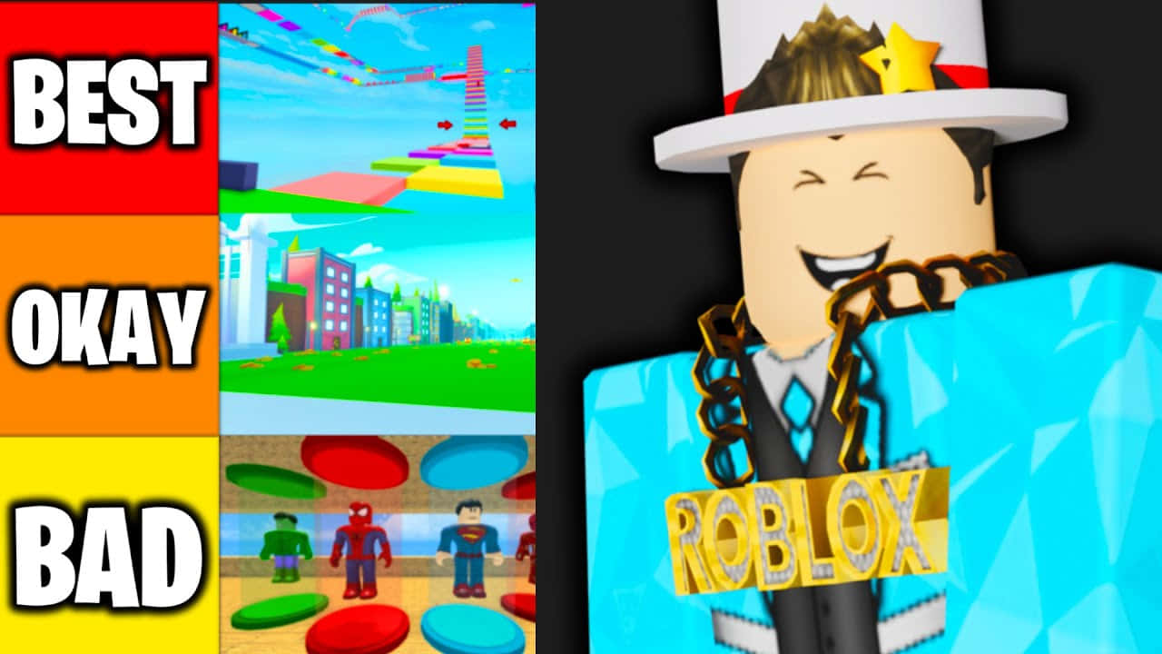 戴高帽和金色鏈條的Roblox虛擬角色在遊戲場景評級旁邊。