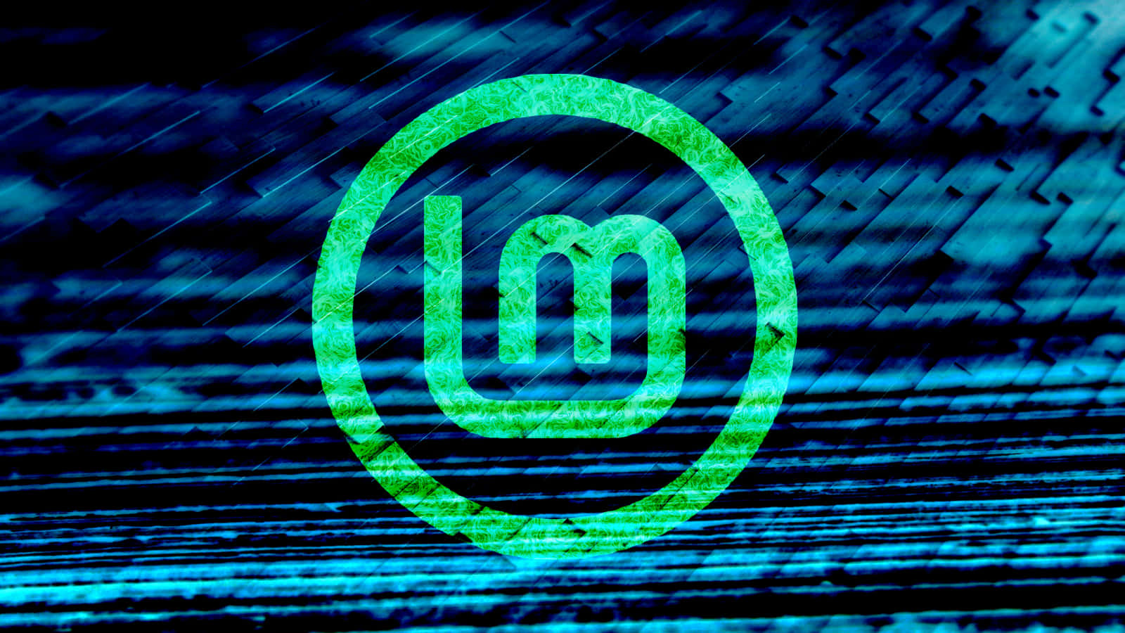 探索你的數位世界，從 Linux 開始 壁紙 — 一個發光的綠色圓形標誌，帶有風格化的「LM」字母，在帶有條紋數據線的故障藍色數位背景上脈動。
