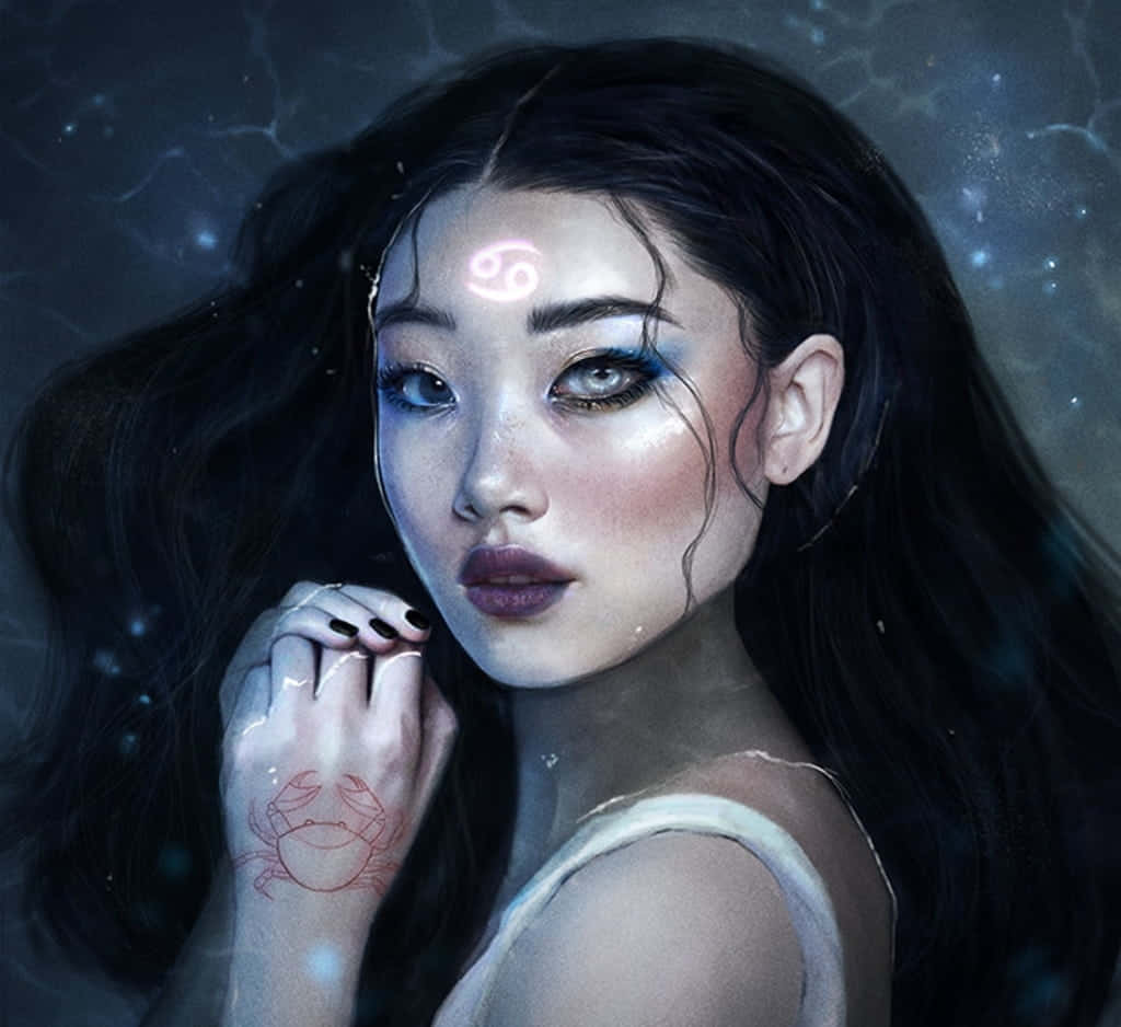 探索你的星座相容性 壁紙 — 一位寧靜的動漫風格女性，額頭上有發光的巨蟹座符號，手浸在星光水中。