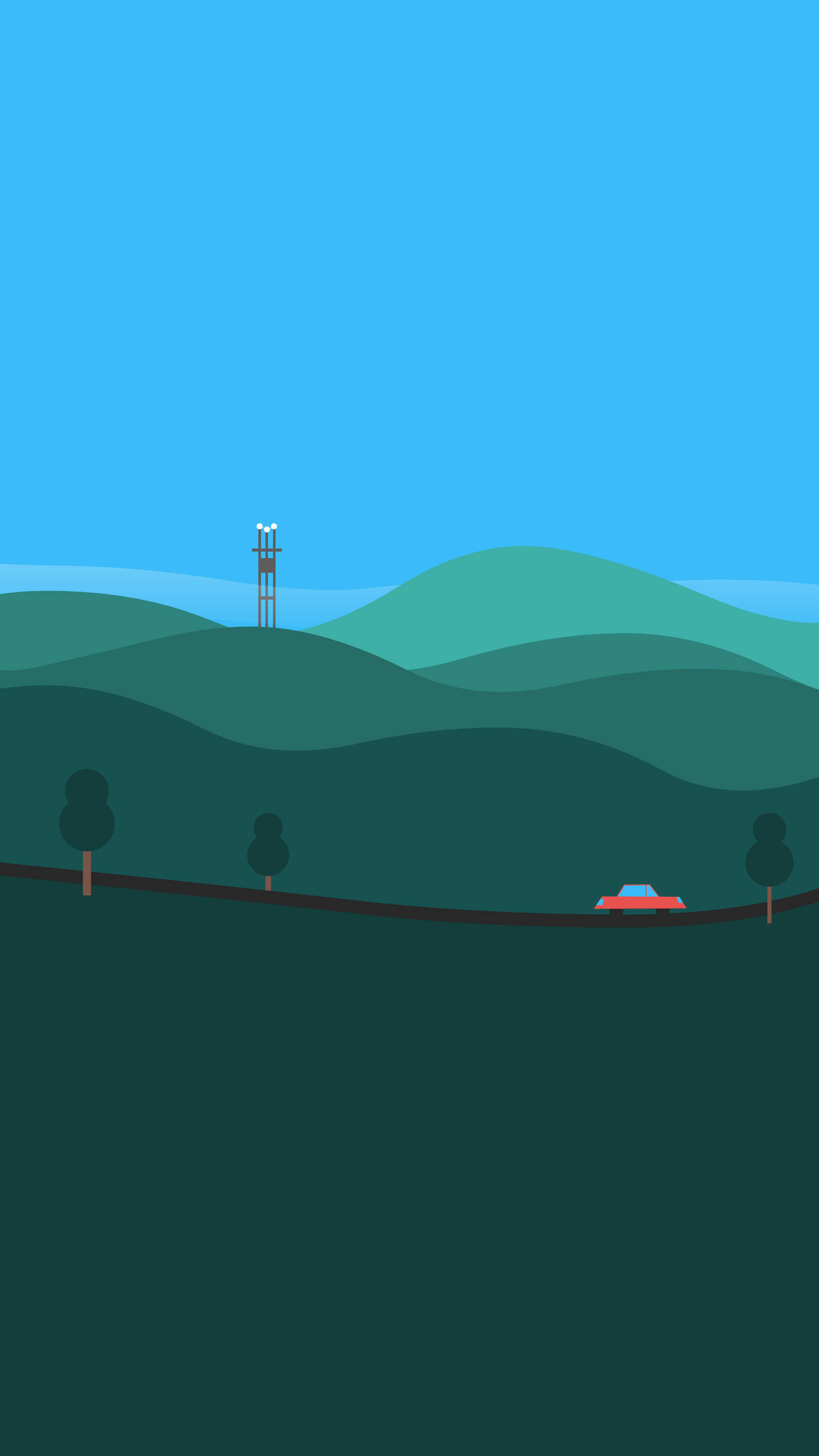 探索像素風格的山脈風景 壁紙 — 簡約風格風景，藍天白雲下連綿起伏的綠色山丘，蜿蜒道路上有一輛紅色汽車，遠處有一座通訊塔。