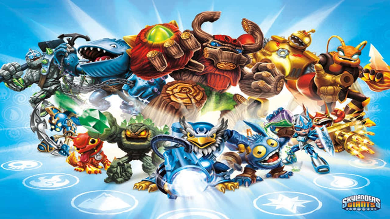 Skylanders Giants角色在藍色背景上擺出色彩繽紛的動作姿勢。