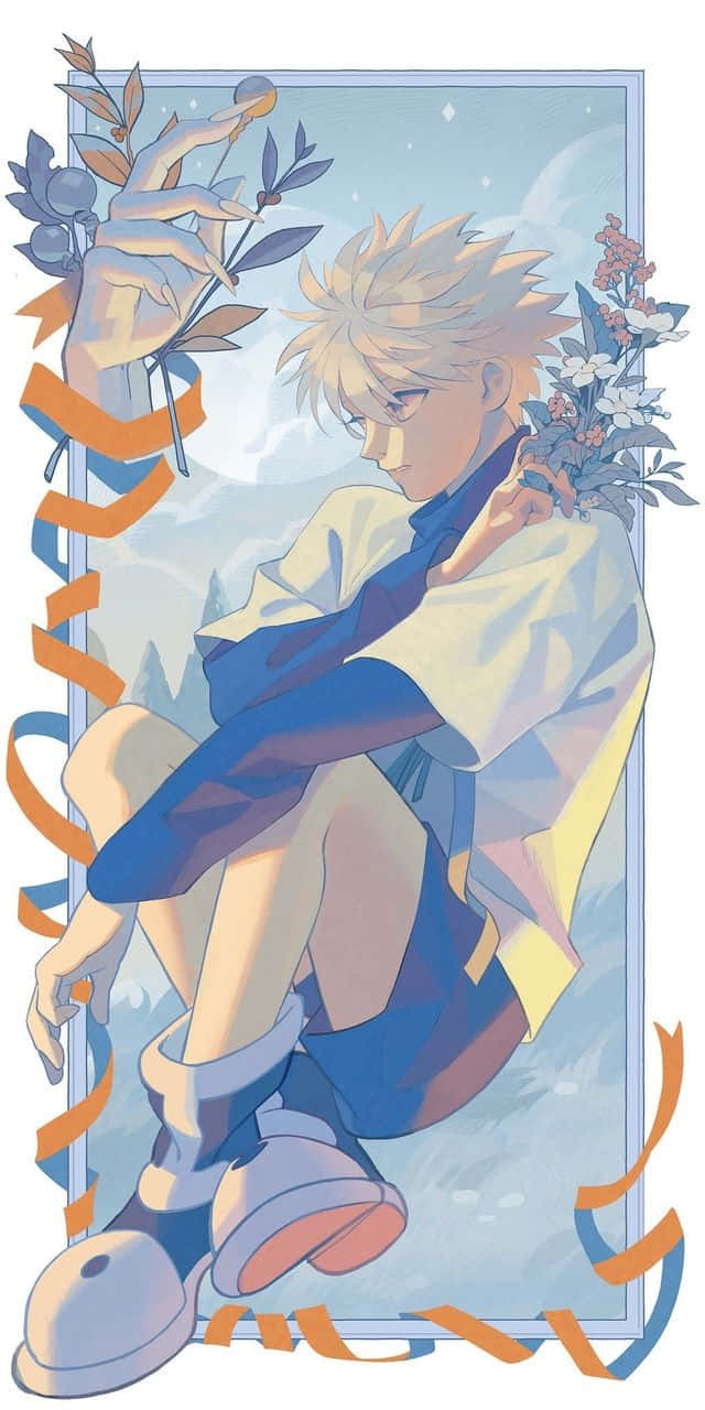 探索充滿冒險與神秘的世界 壁紙 — 一個年輕的動漫男孩，有著尖刺的金色頭髮，平靜地坐著，手持鮮花和樹枝，背景是柔和的藍天。