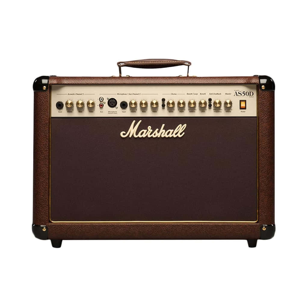 棕色Marshall AS50D原聲結他擴音器，帶有金色控制器和皮革手柄。