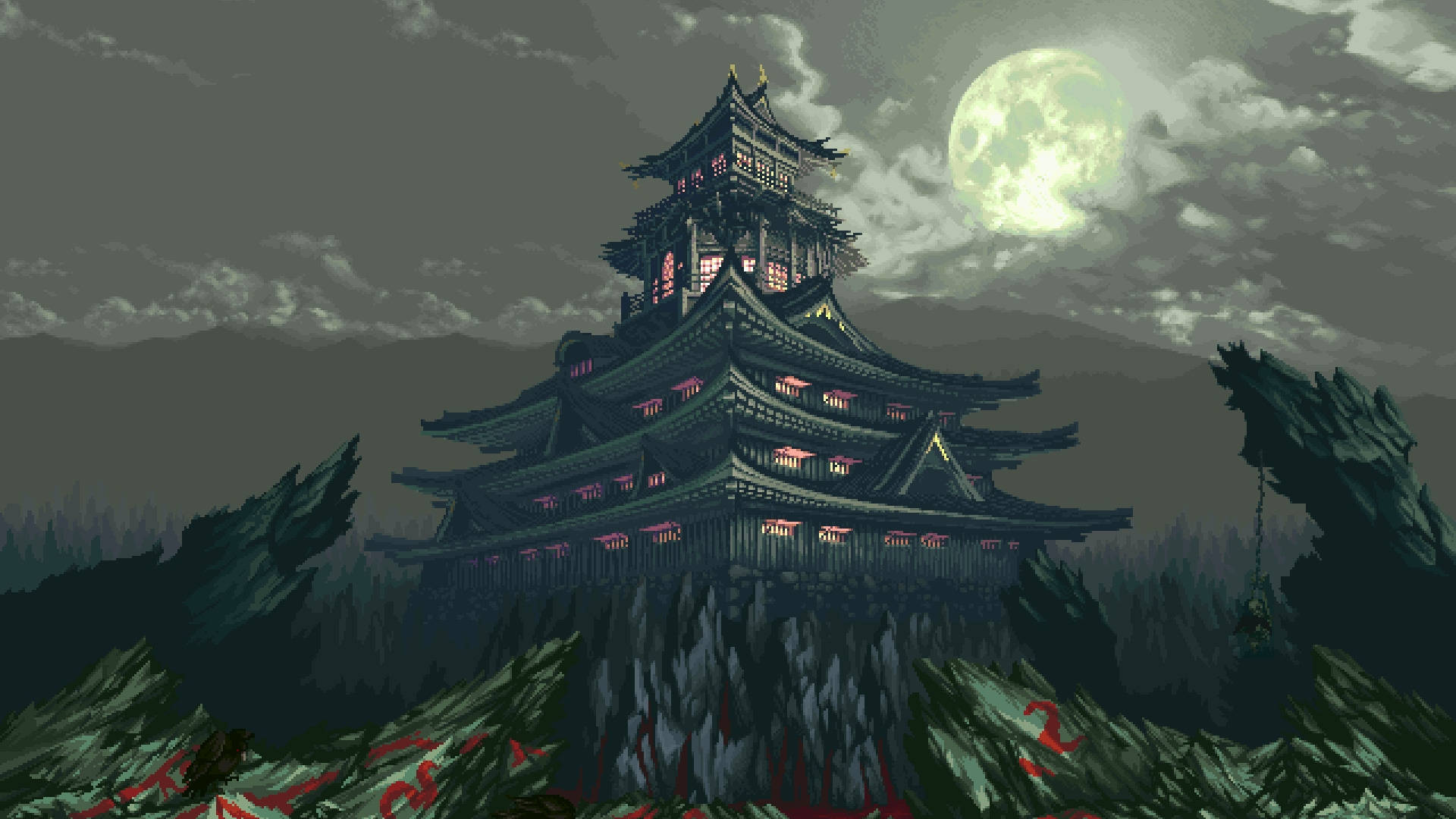 一座像素藝術風格的城堡，坐落在懸崖上，下方是滿月，帶有烏雲和紅色點綴。