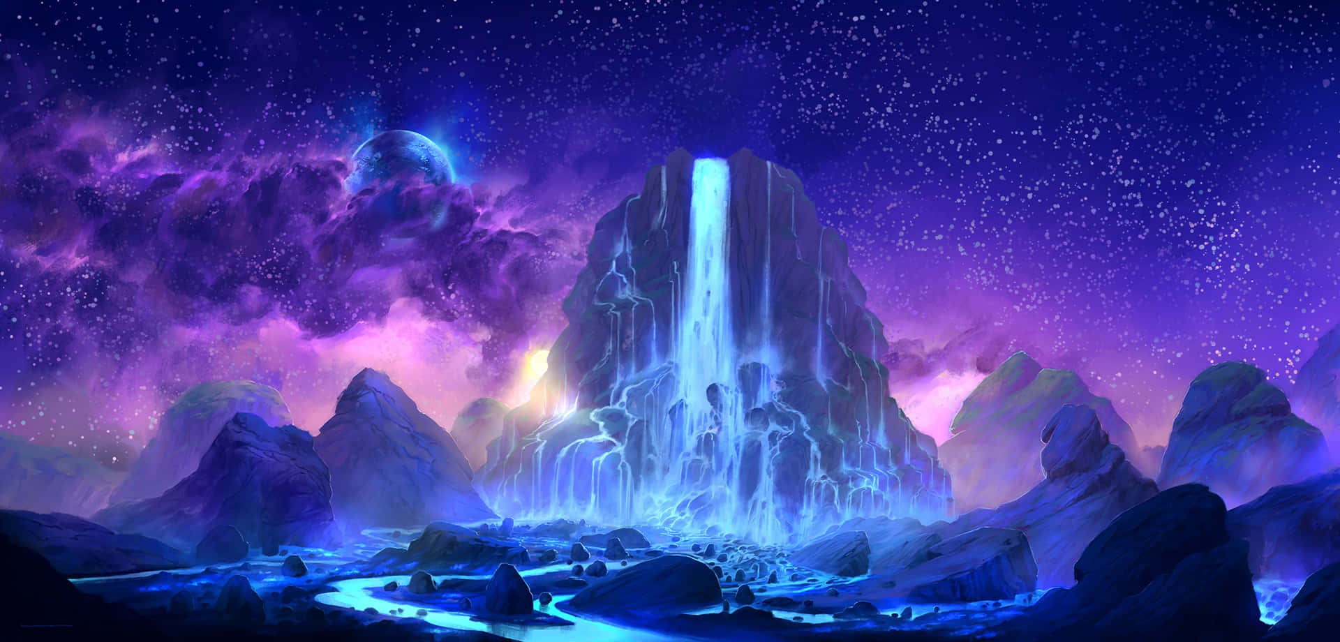 一道發光的瀑布在繁星點點的紫色天空下沿山流下。