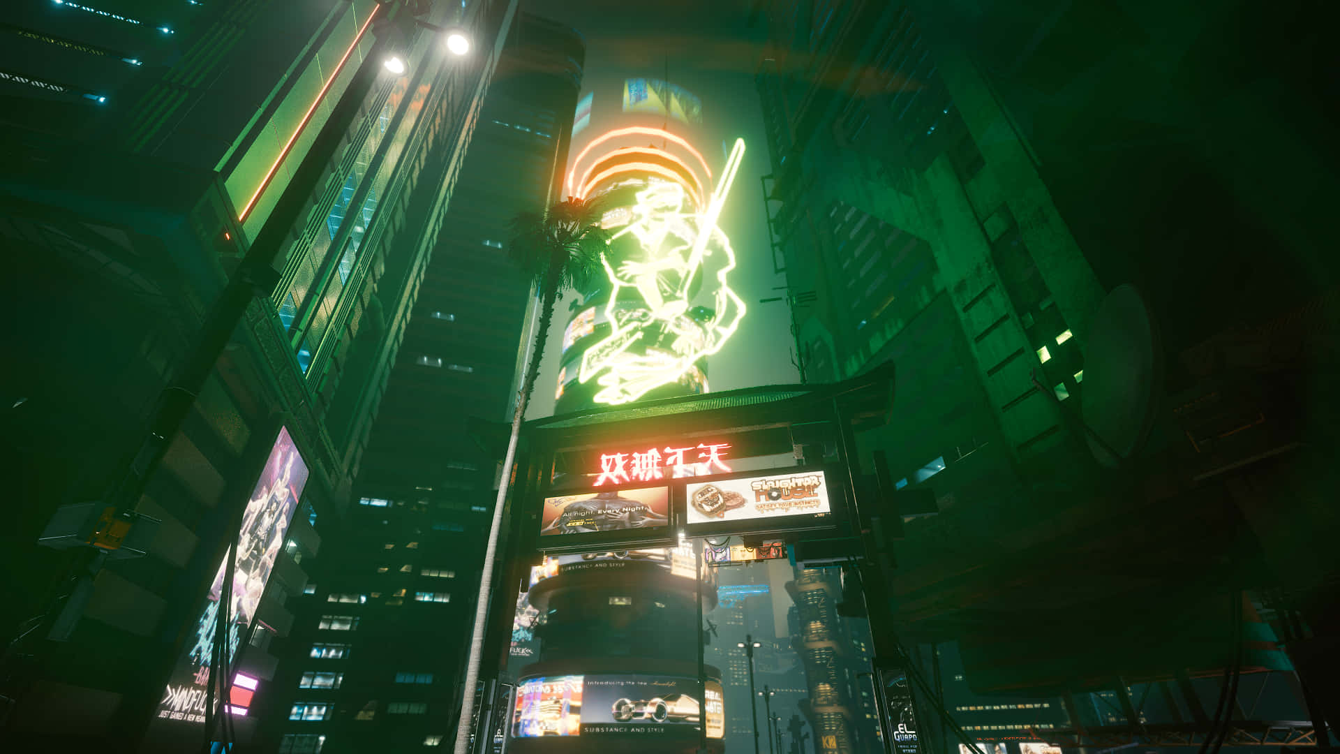 霓虹燈照亮的未來城市夜景，高聳的建築物和發光的全息標誌。