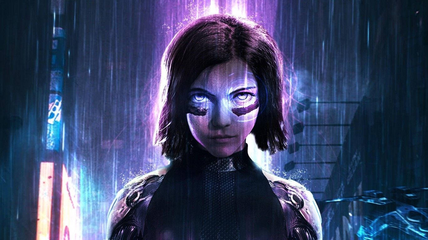 夜晚在霓虹雨巷中擁有發光眼睛的賽博朋克女性