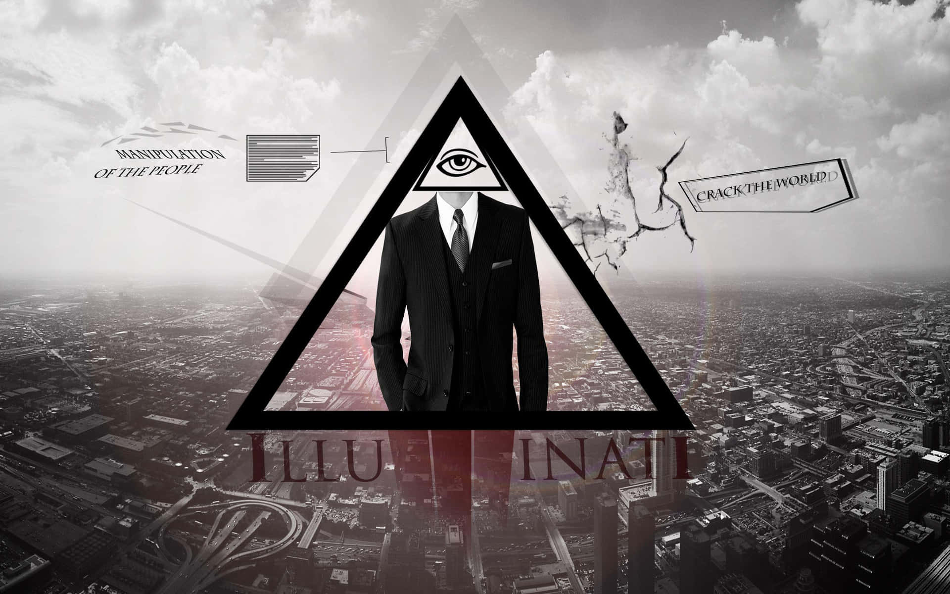 一個身穿西裝的人物，三角形內有全視之眼，位於城市景觀上方，標有「ILLUMINATI」。