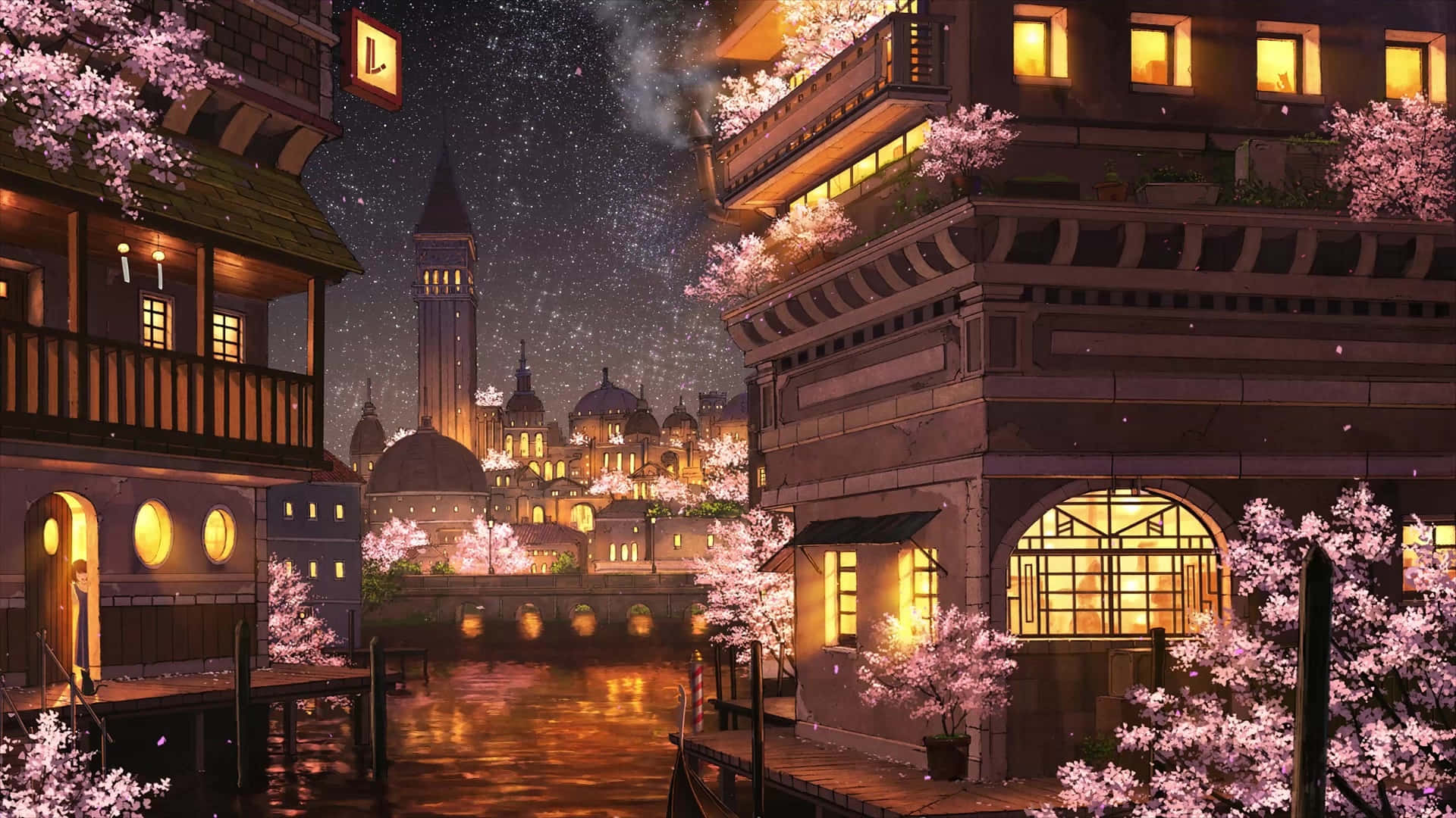 夜晚河邊盛開的櫻花、發光的建築和星空。