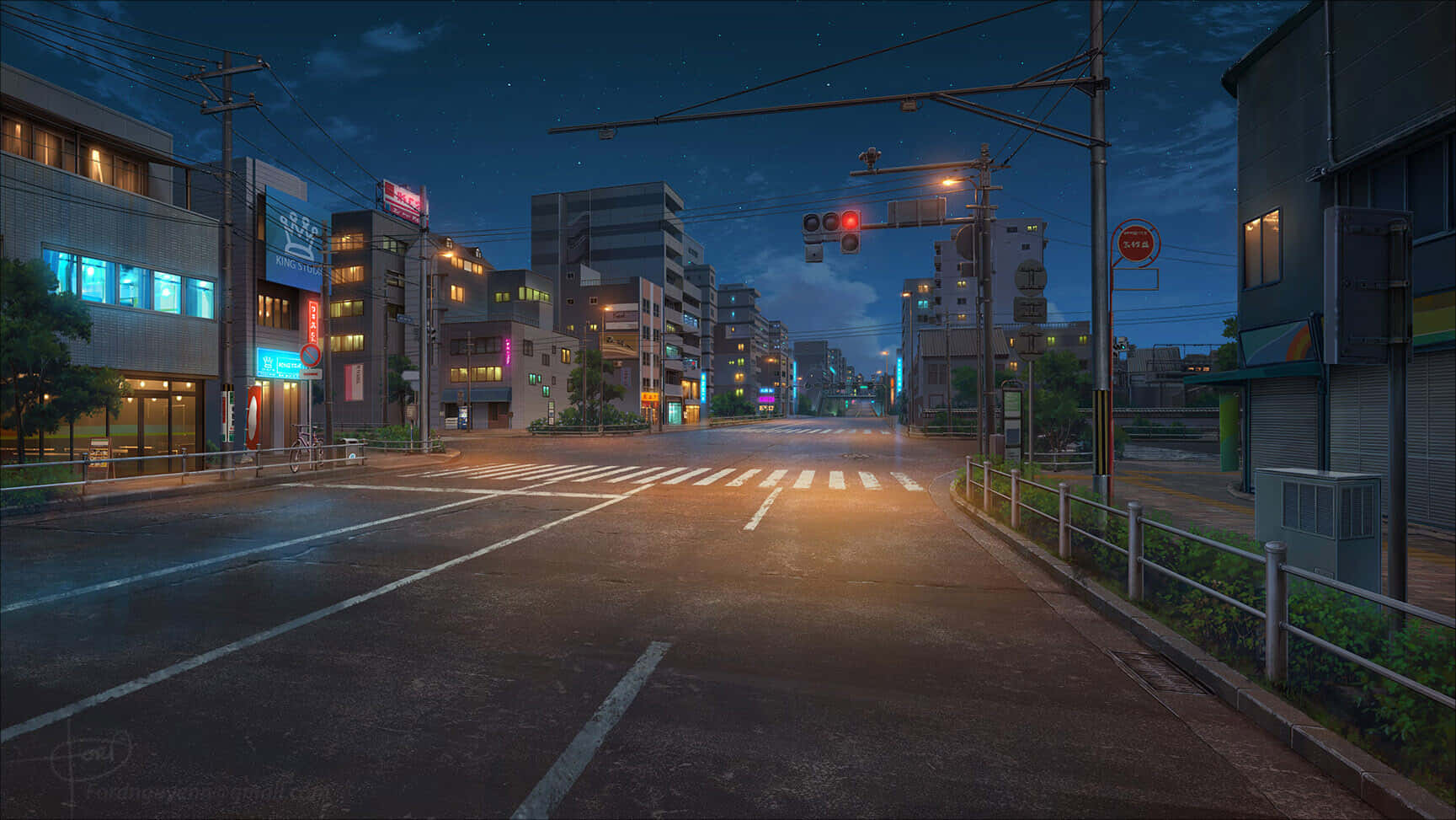 空無一人的城市街道夜晚，霓虹燈閃爍，潮濕路面反射燈光。