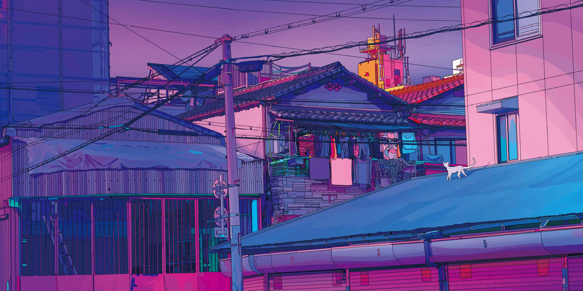 動漫風格的城市屋頂場景，黃昏時分在霓虹粉紅和藍色燈光下有一隻貓。