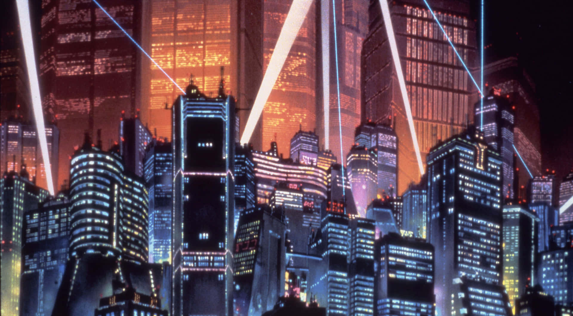 未來主義的夜景城市天際線，閃爍的摩天大樓和雷射光束。
