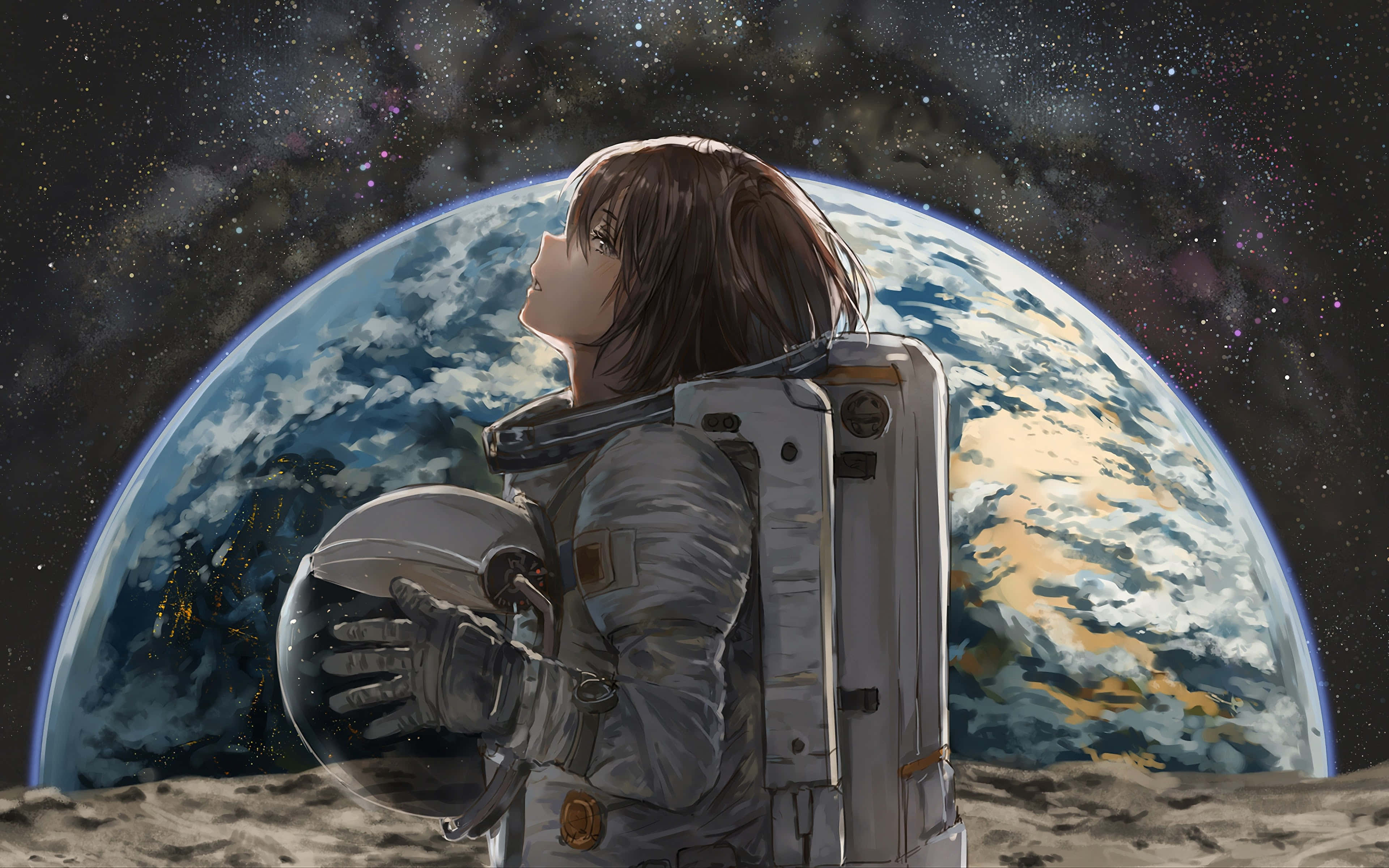 探索動漫宇宙的無限可能 壁紙 — 一位動漫太空人從月球凝視地球，手持頭盔，置身於繁星點點的宇宙場景中。