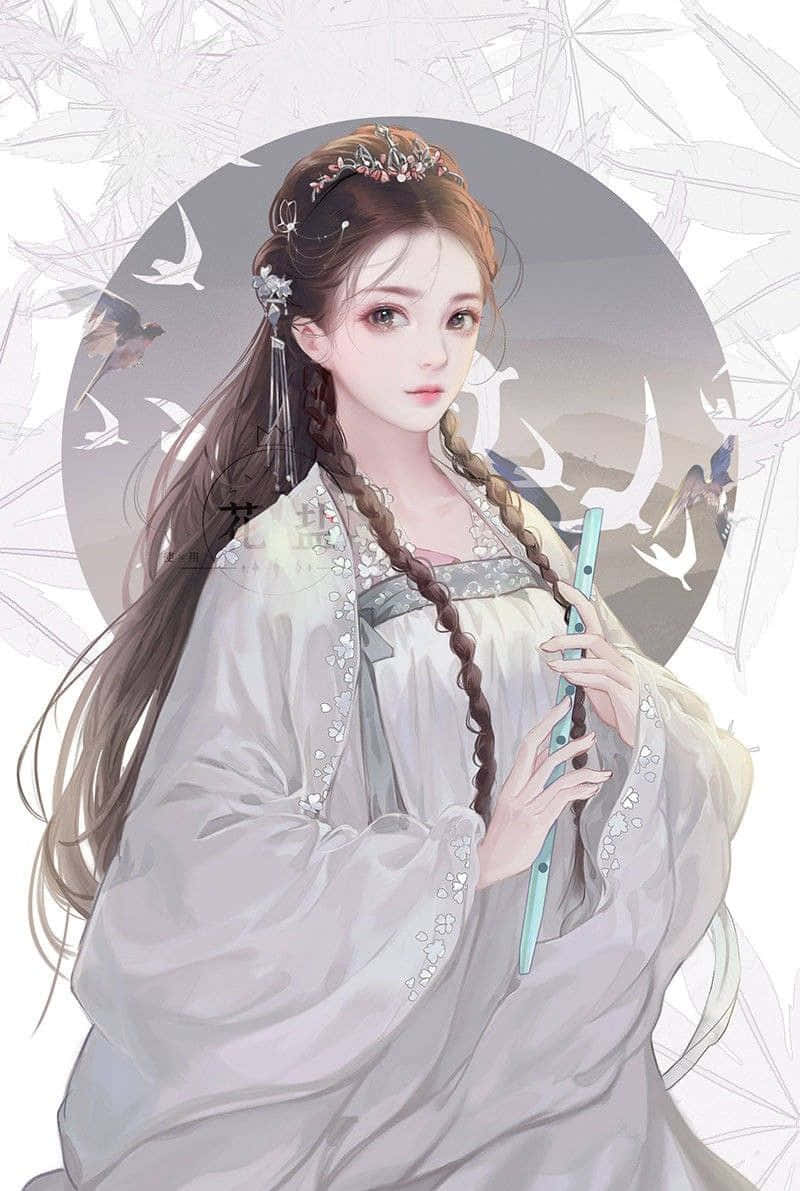 動漫女孩穿著白色長袍，手持長笛，鳥兒在她周圍飛翔。