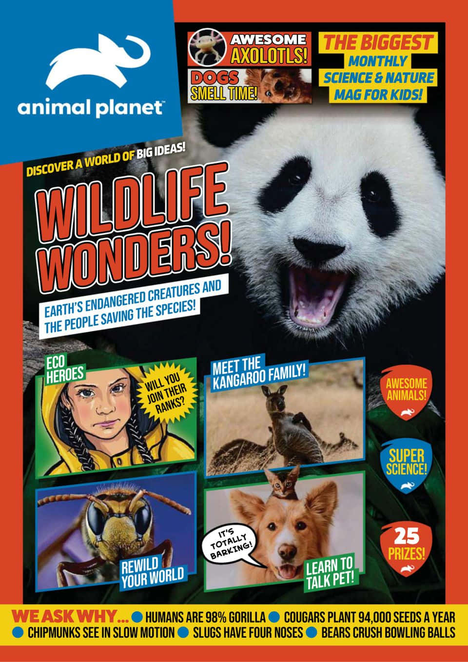 雜誌封面，有熊貓、袋鼠和女孩，推廣兒童野生動物和科學。