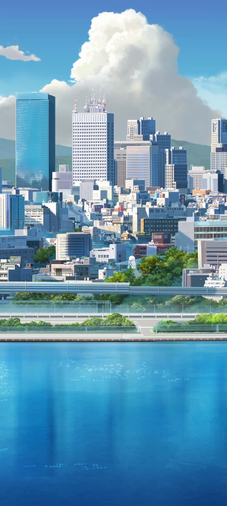 動漫城市天際線，摩天大樓與河流倒影，藍天白雲。
