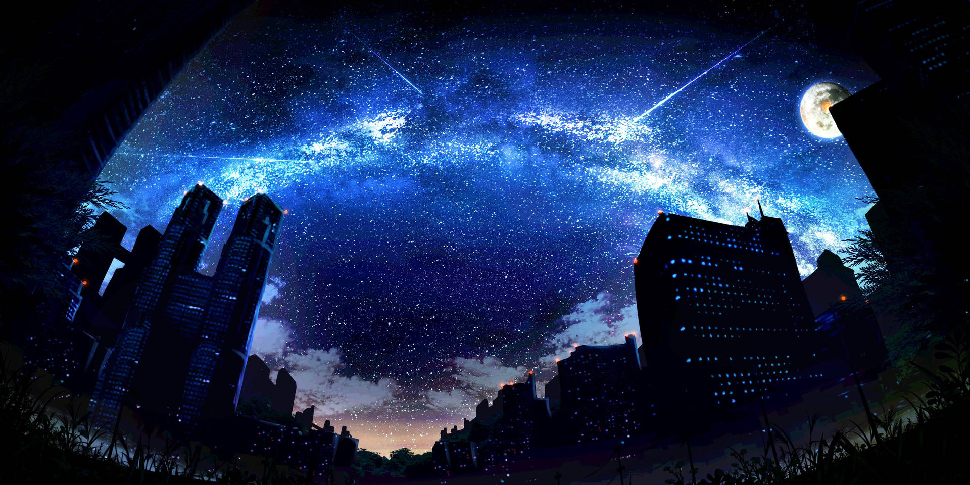 城市天際線在星空下，有滿月和流星。