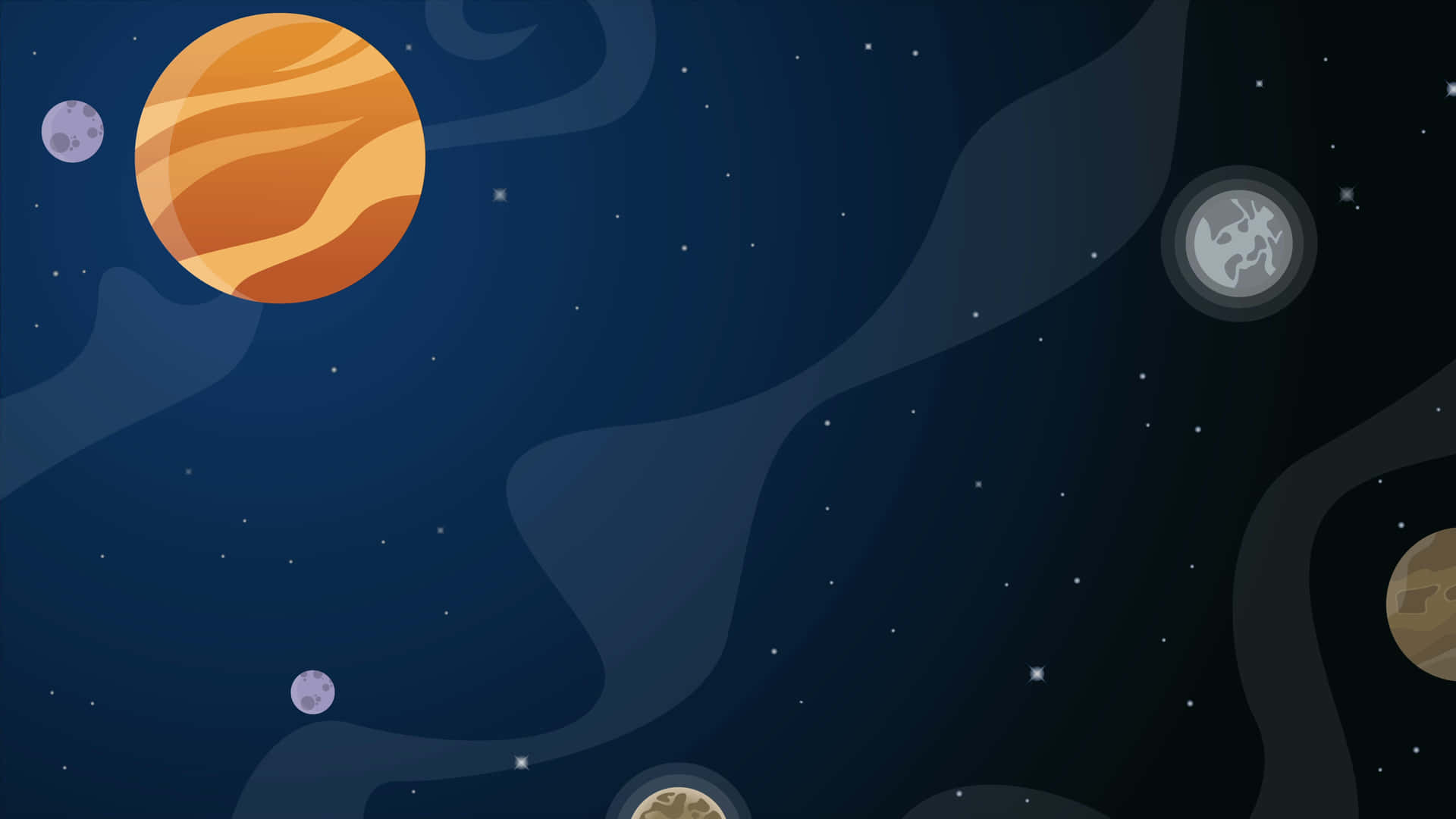 風格化的行星和衛星在繁星點點的深藍色太空中漂浮。