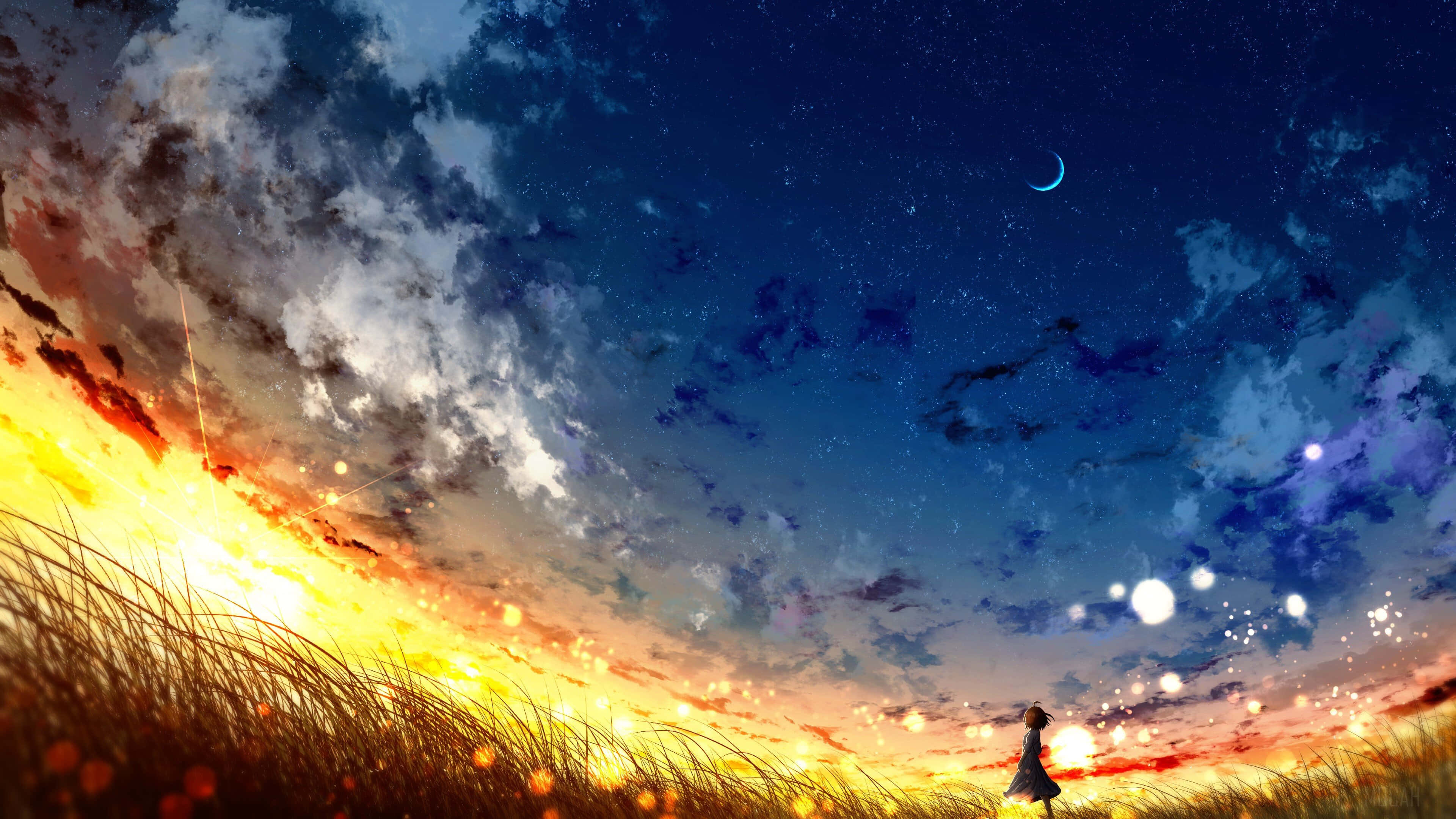 探索動畫風景的暮色天空 壁紙 — 一個孤獨的身影站在金色草地上，下方是帶有橙色雲彩和新月的暮色天空。