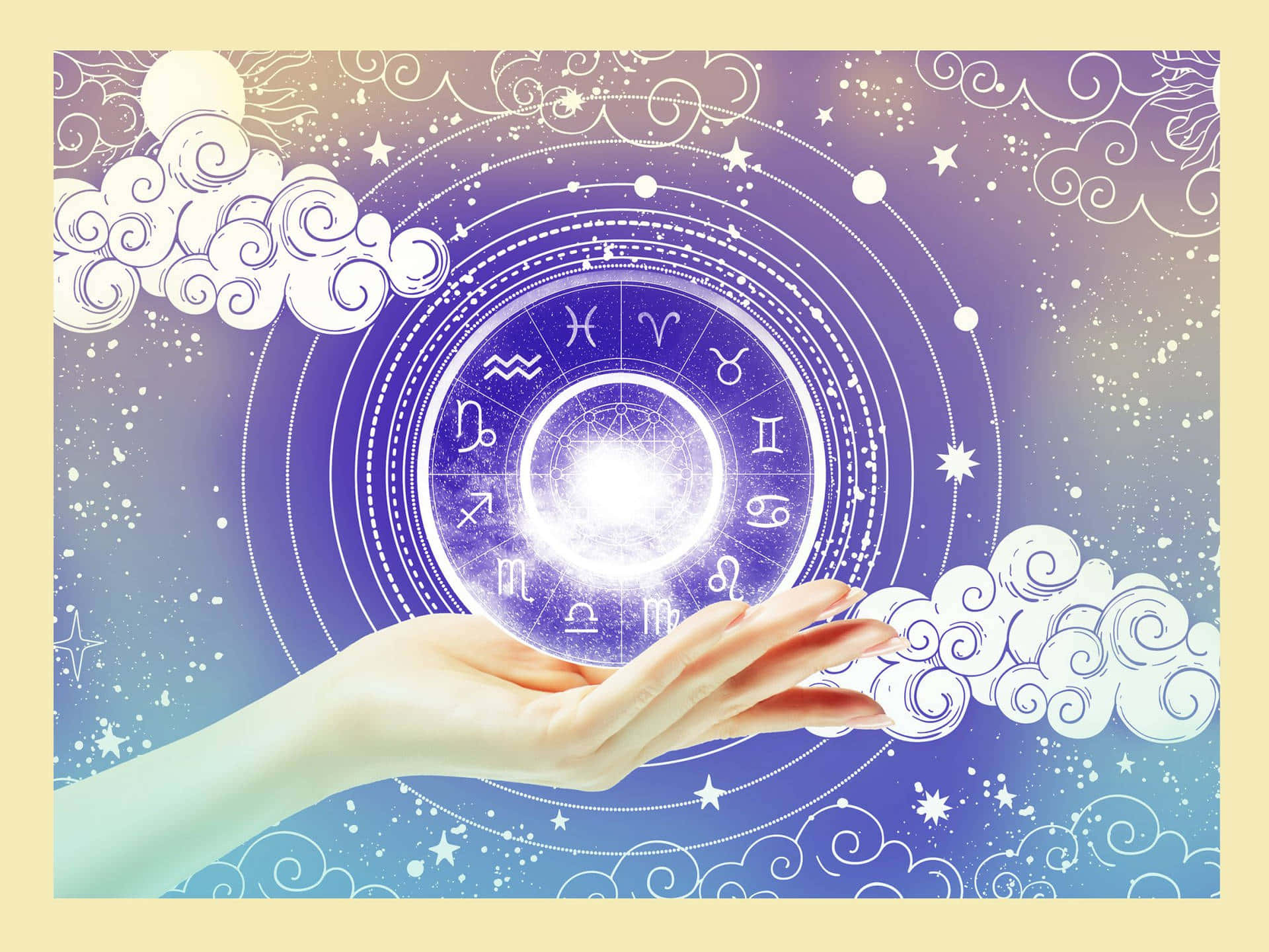 探索占星術的奧秘 壁紙 — 一隻手托住一個發光的星座輪，背景是帶有漩渦雲層的星空紫色天空。