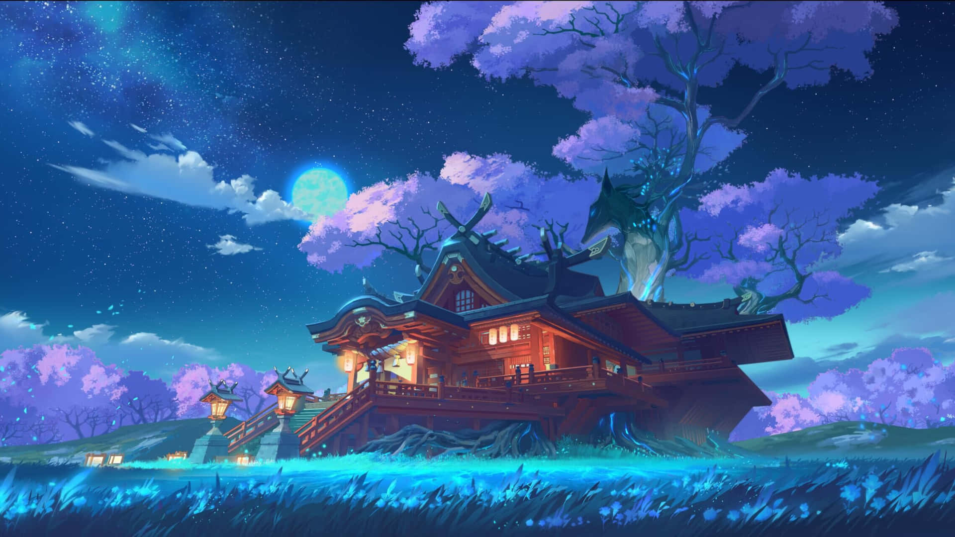 在紫色櫻花和滿月的星空夜空下，一座發光的神社。