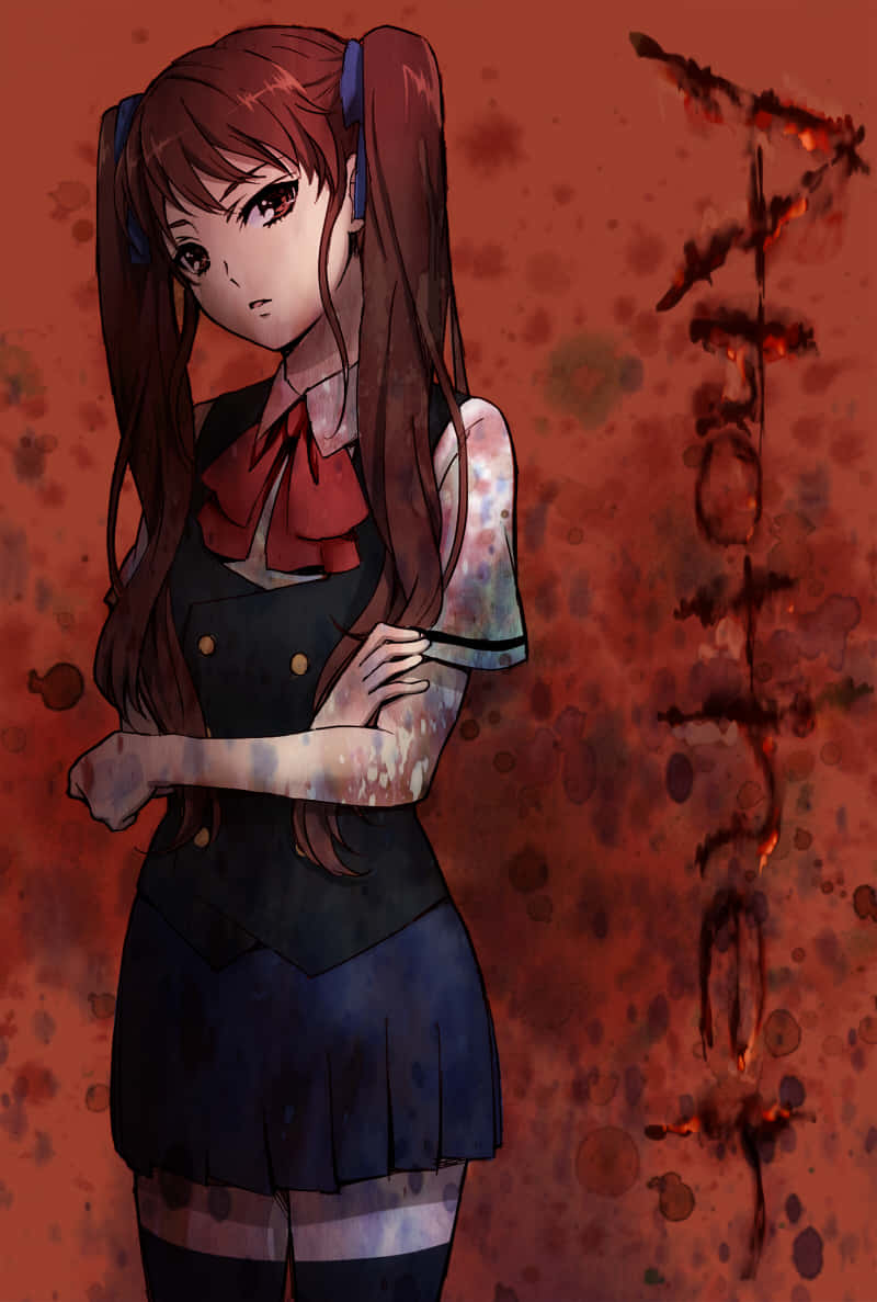 動漫女孩穿著校服，背景為紅色，帶有血跡和發光的日文文字。