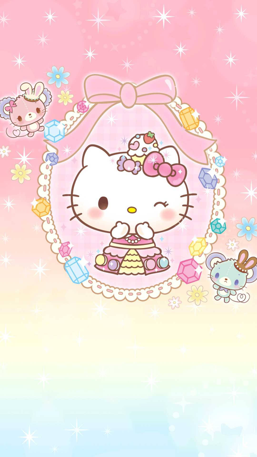 Hello Kitty 在一個鑲有寶石的框架中，搭配閃光和動物朋友，背景是粉彩漸變色。