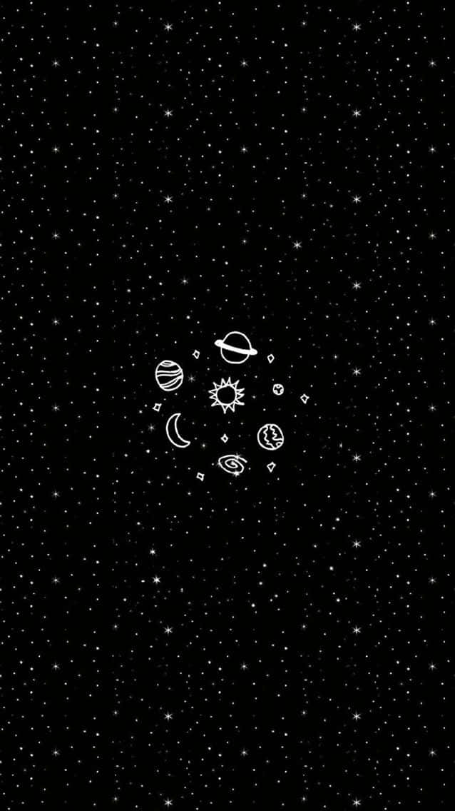 以白色線條在滿天星斗的黑色天空上繪製的天體。
